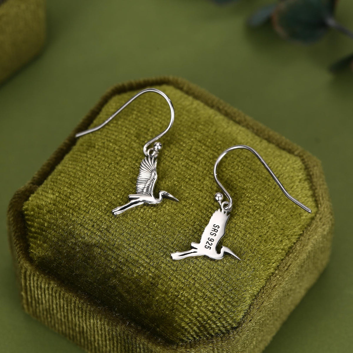 Sterling Silver Japanese Crane Drop Earrings