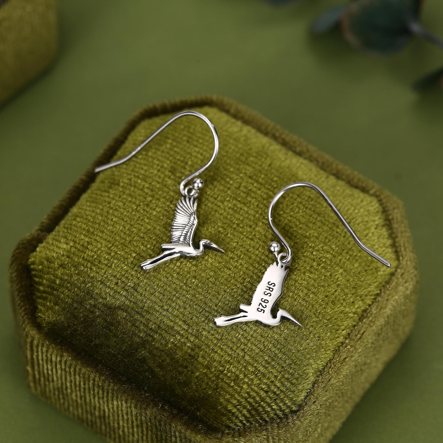 Sterling Silver Japanese Crane Drop Earrings