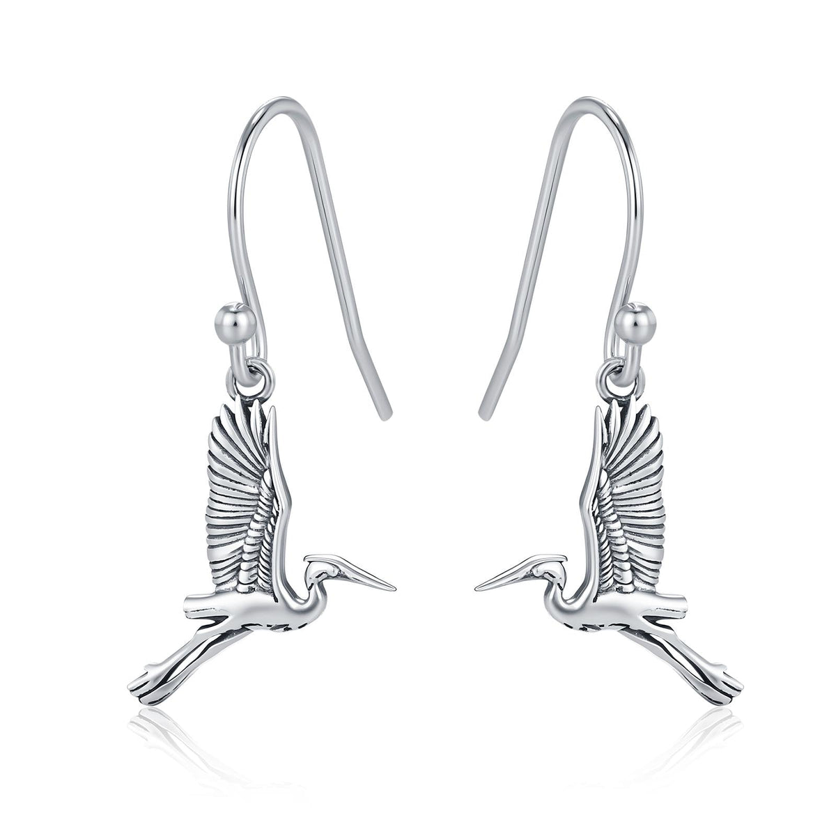 Sterling Silver Japanese Crane Drop Earrings