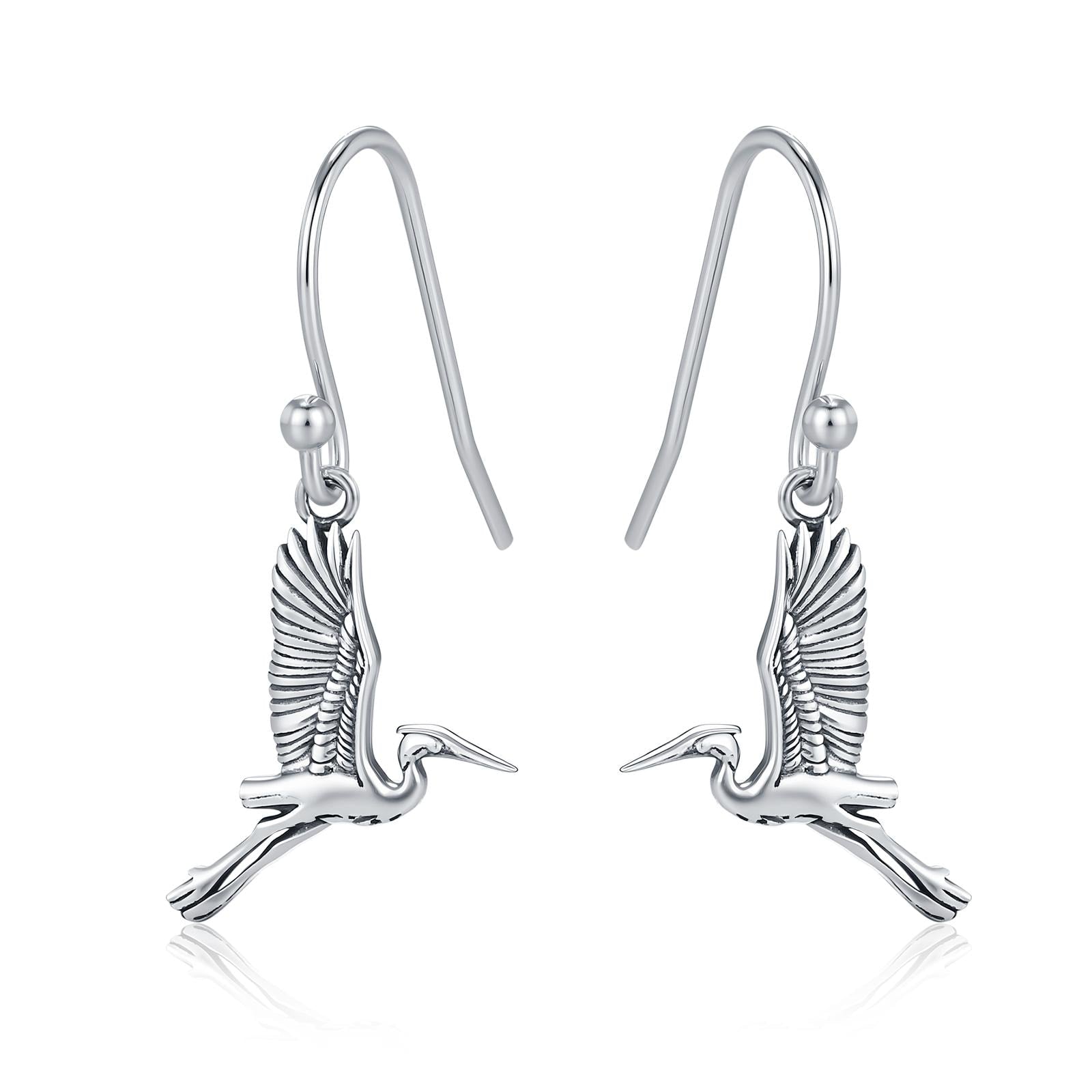 Sterling Silver Japanese Crane Drop Earrings