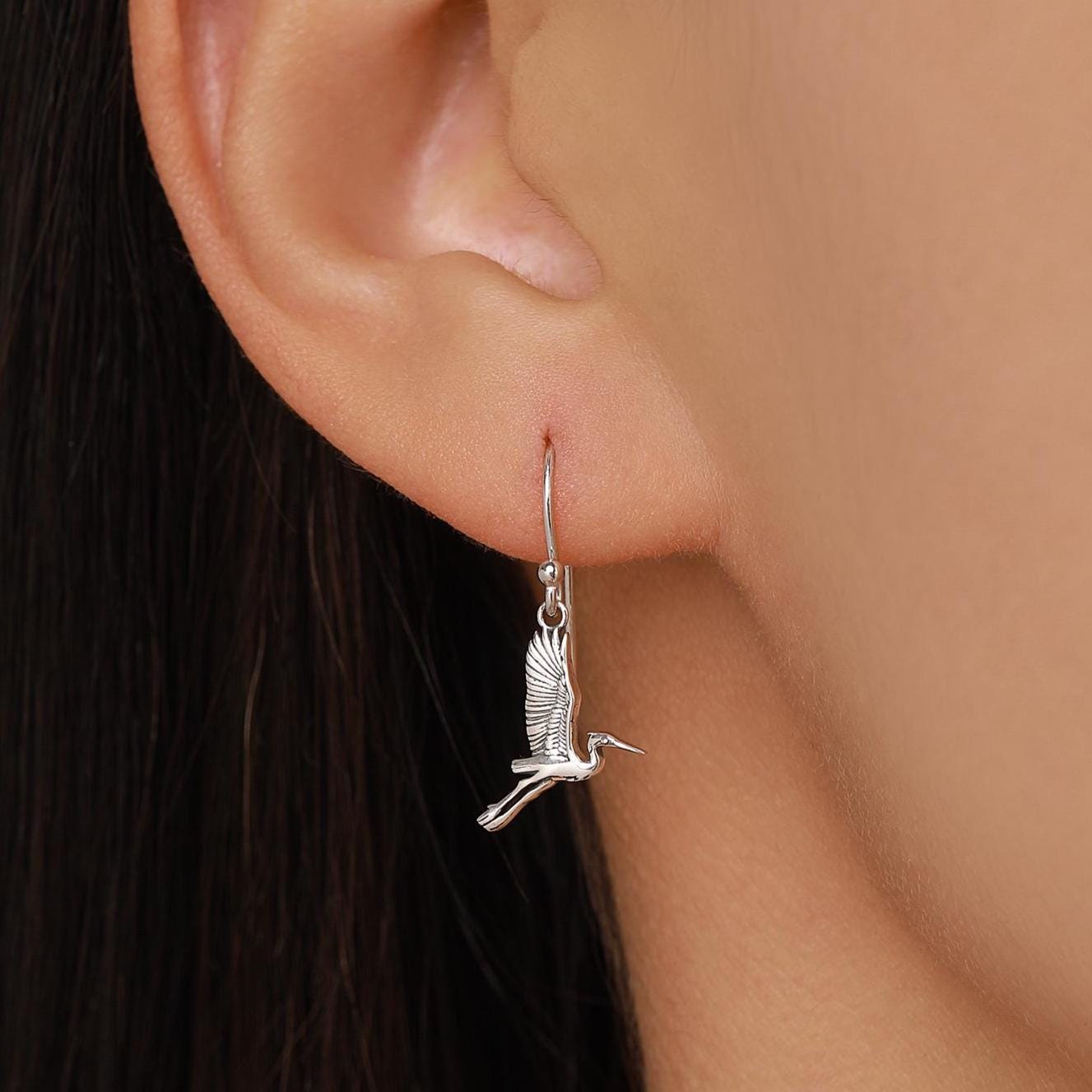 Sterling Silver Japanese Crane Drop Earrings