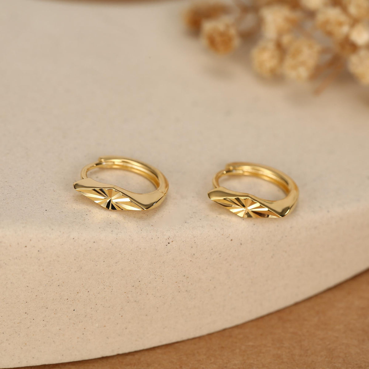 Sterling Silver Diamond Cut Rhombus Hoop Earrings