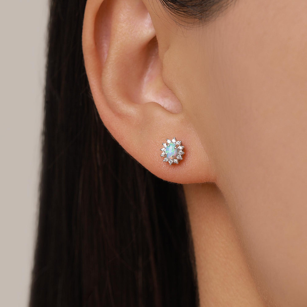 Blue Opal CZ Oval Halo Stud Earrings in Sterling Silver