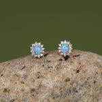 Blue Opal CZ Oval Halo Stud Earrings in Sterling Silver