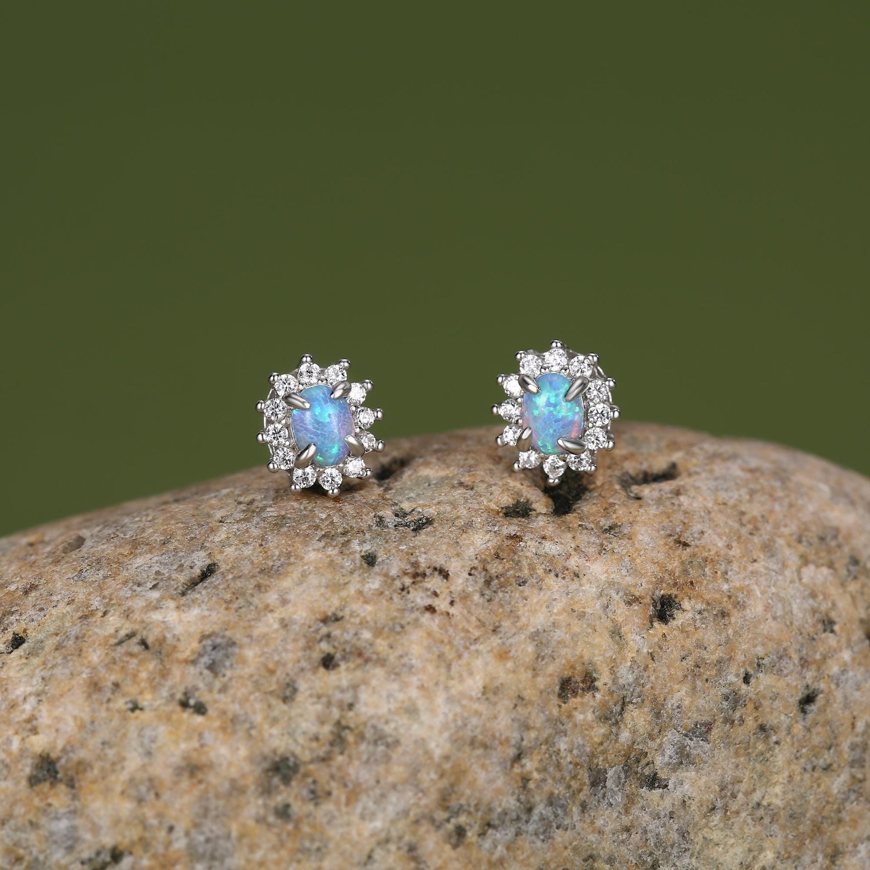 Blue Opal CZ Oval Halo Stud Earrings in Sterling Silver