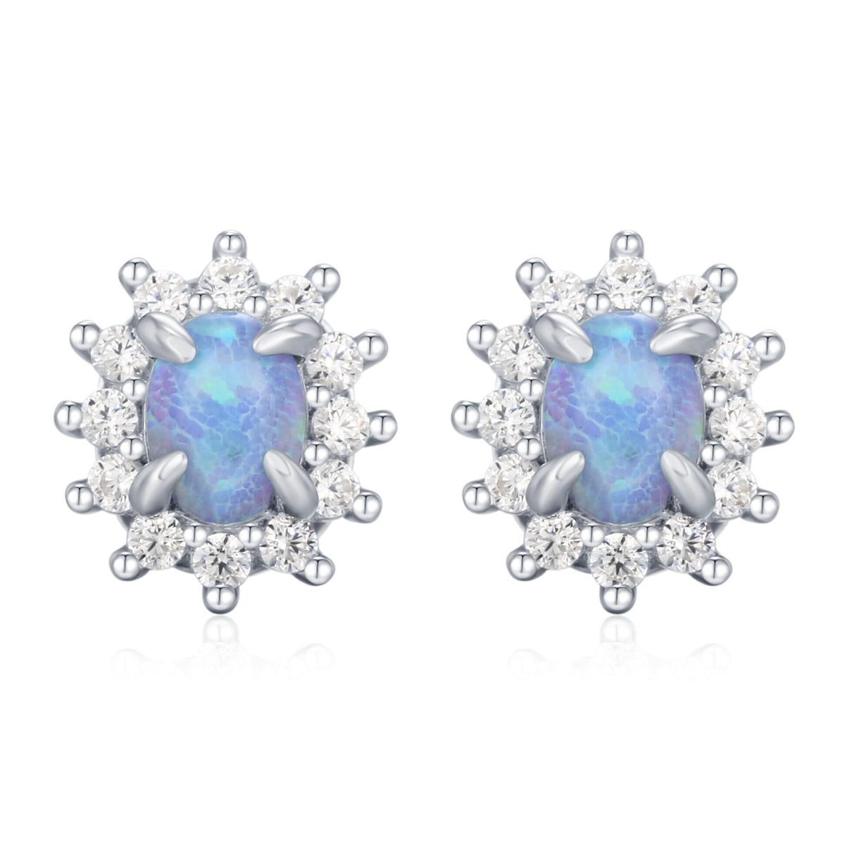 Blue Opal CZ Oval Halo Stud Earrings in Sterling Silver