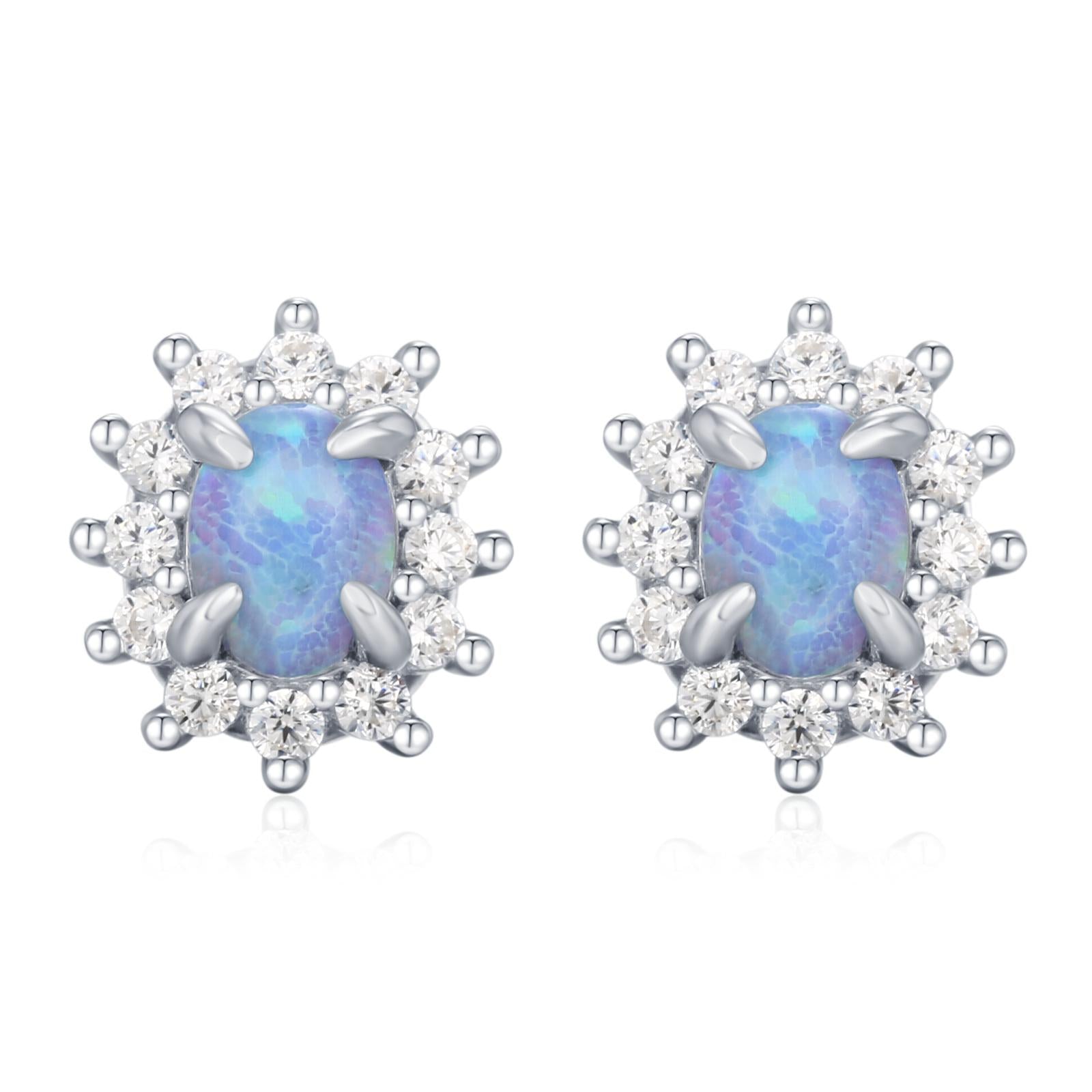 Blue Opal CZ Oval Halo Stud Earrings in Sterling Silver
