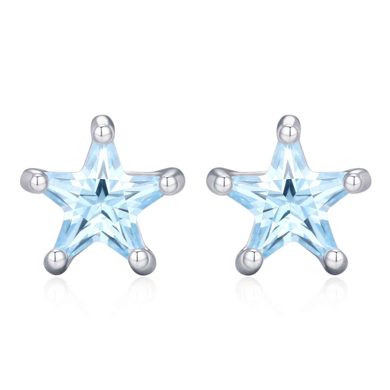 Sterling Silver 4mm Topaz Blue CZ Star Stud Earrings