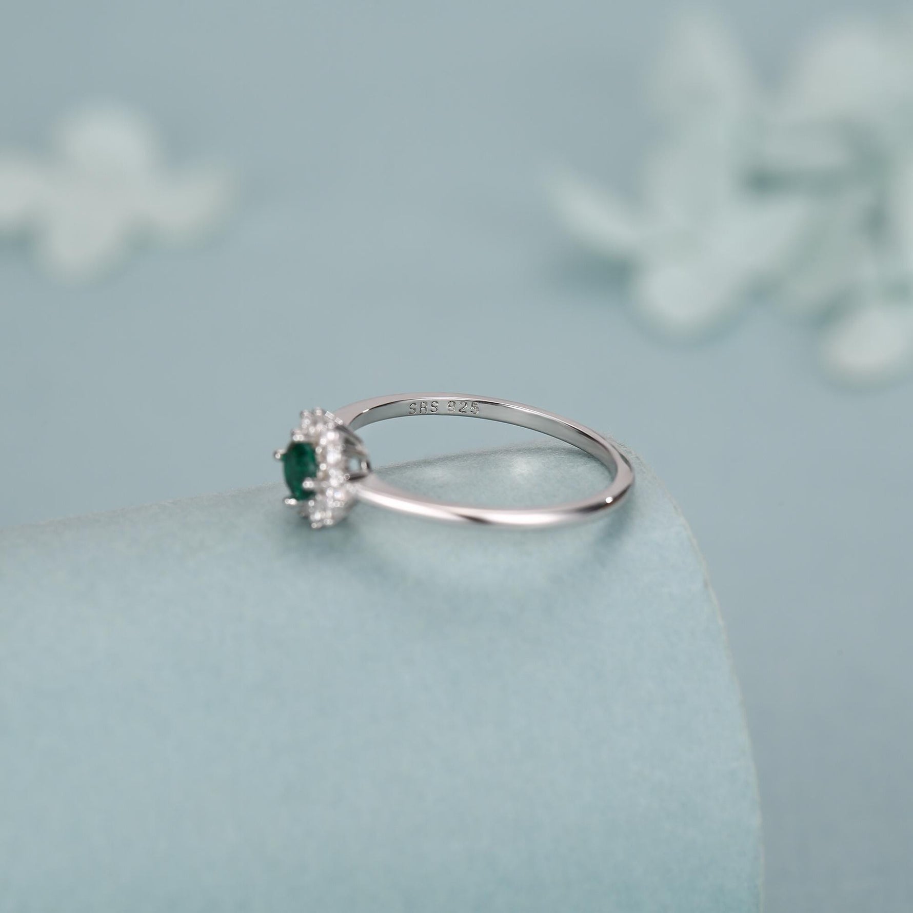 Sterling Silver Emerald Green CZ Halo Ring