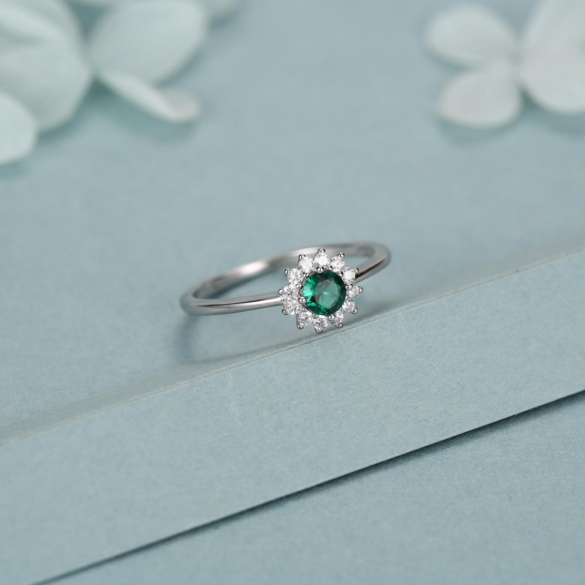 Sterling Silver Emerald Green CZ Halo Ring