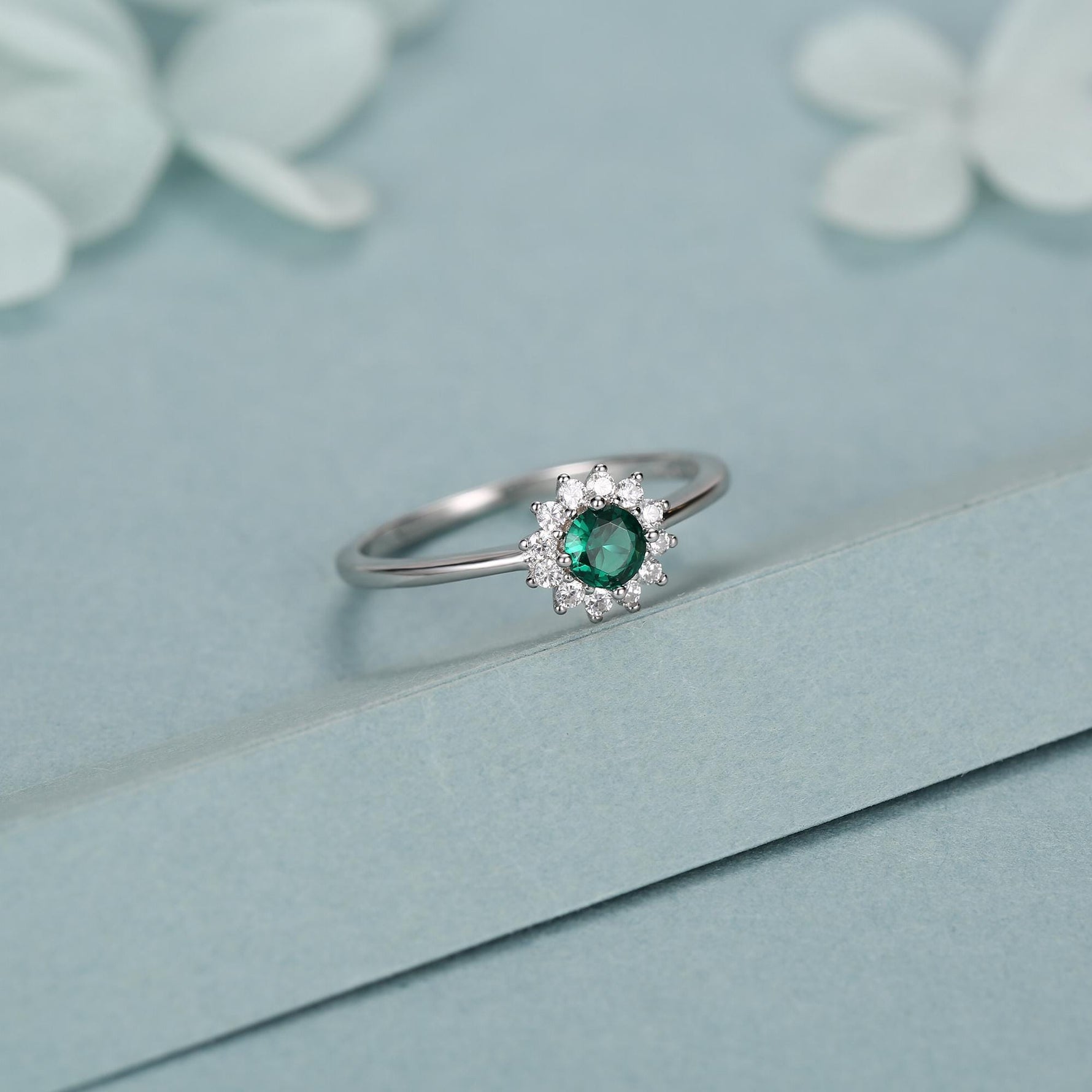 Sterling Silver Emerald Green CZ Halo Ring
