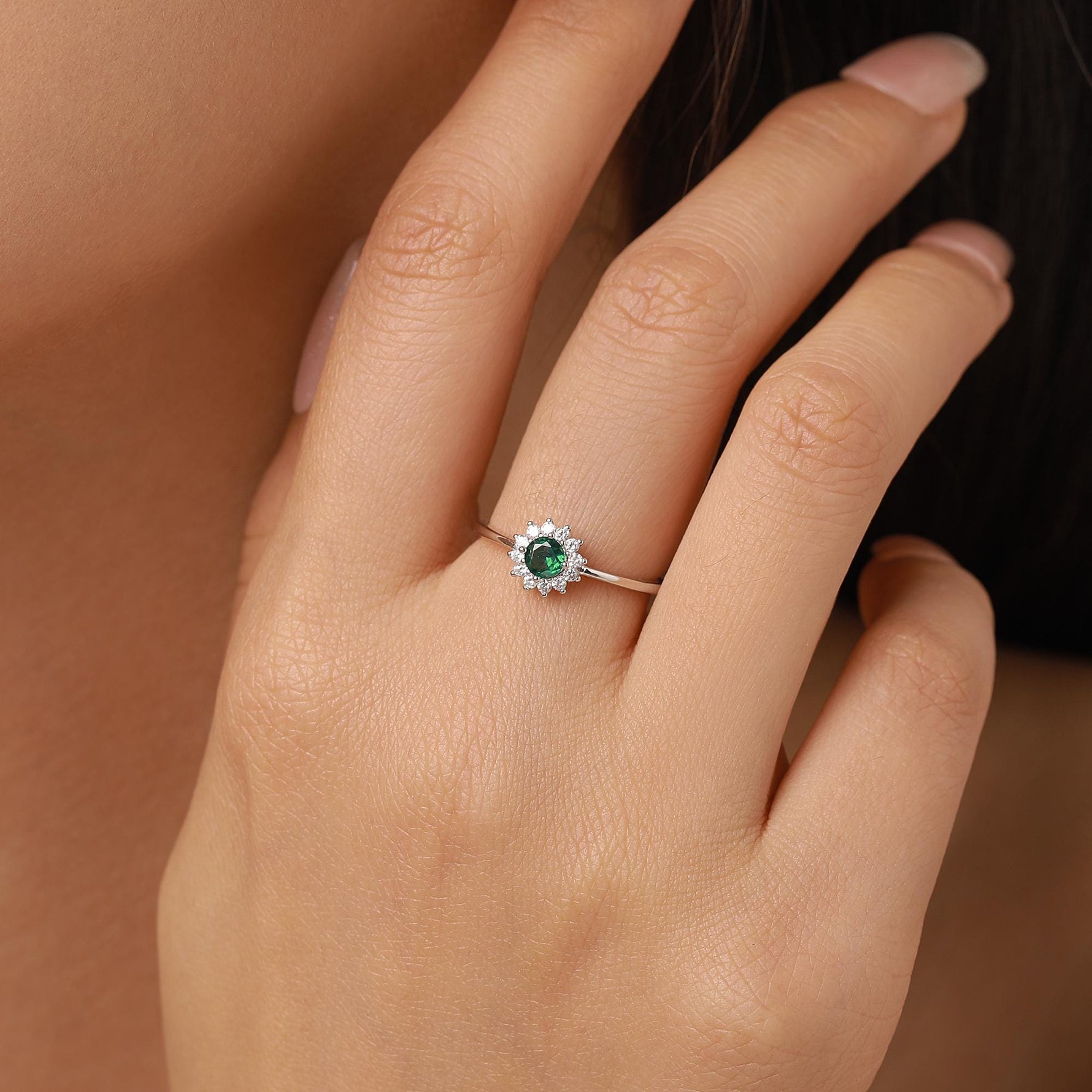 Sterling Silver Emerald Green CZ Halo Ring