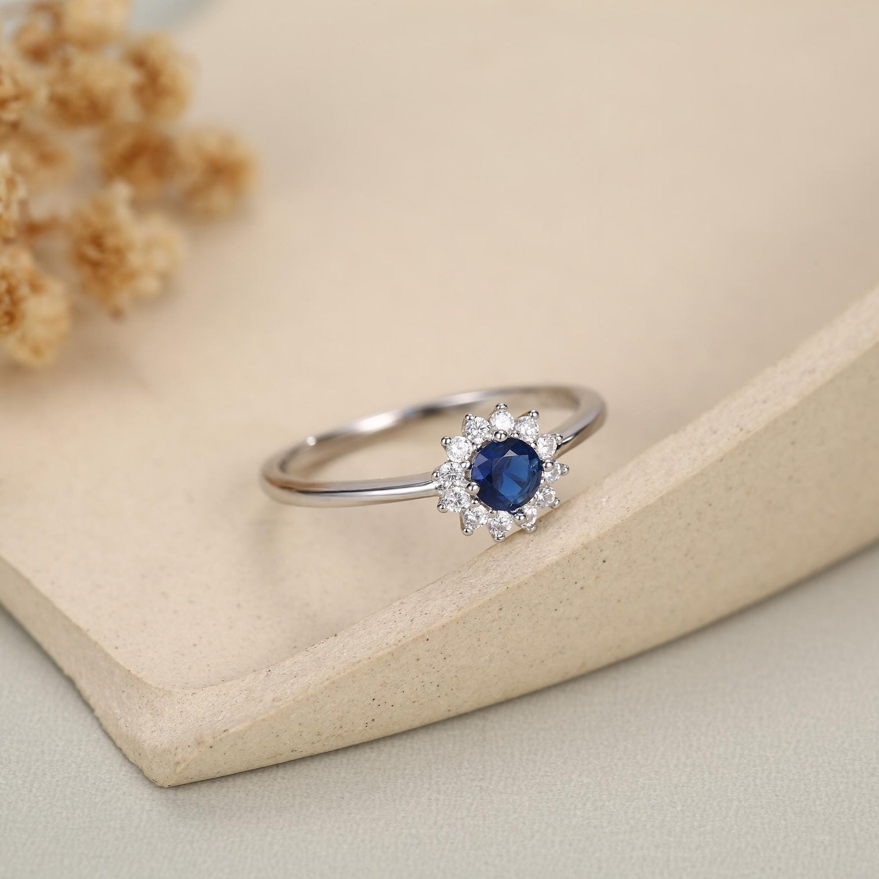 Sterling Silver Sapphire Blue CZ Halo Ring