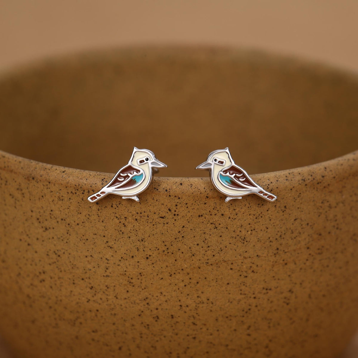 Sterling Silver Enamel Tiny Kookaburra Stud Earrings