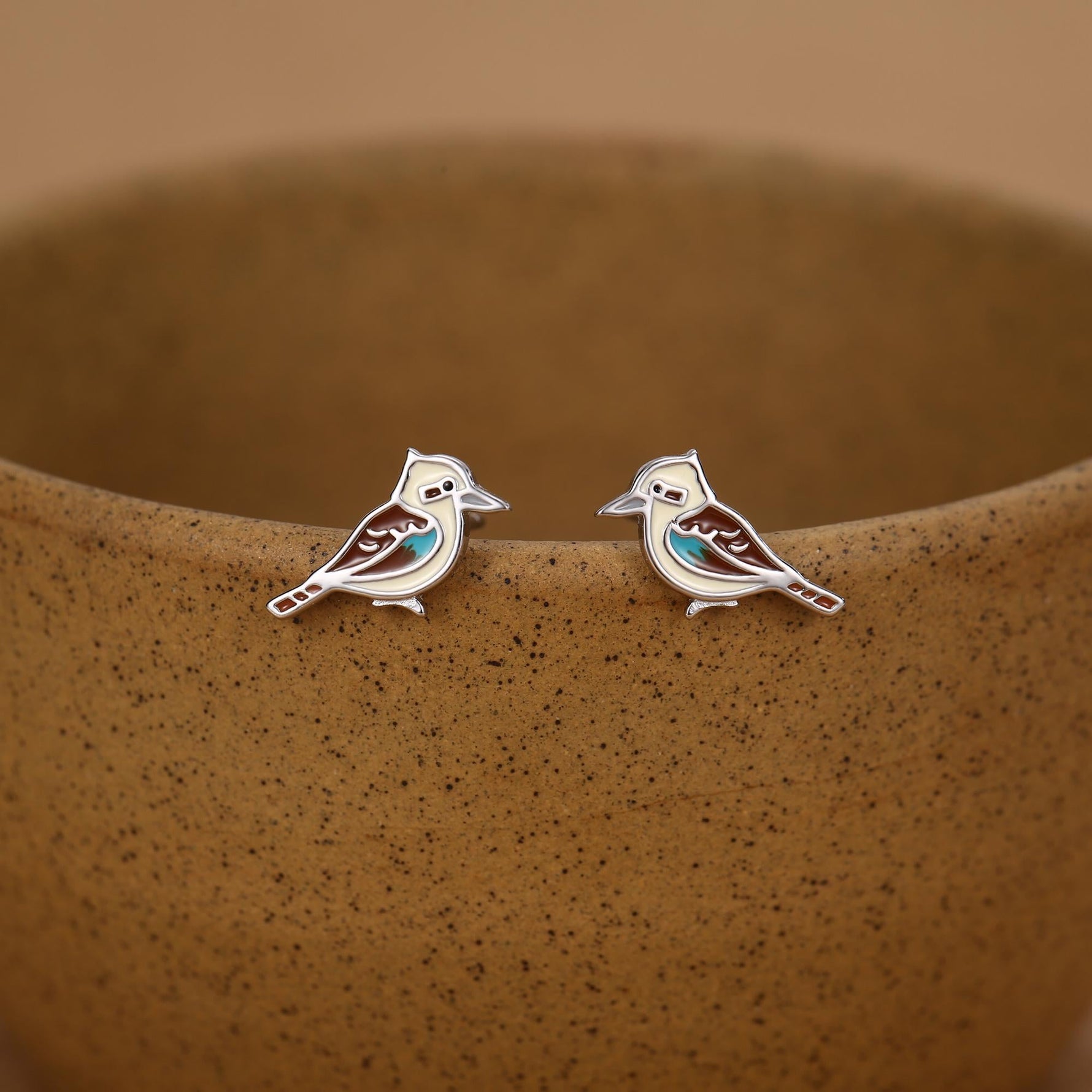 Sterling Silver Enamel Tiny Kookaburra Stud Earrings