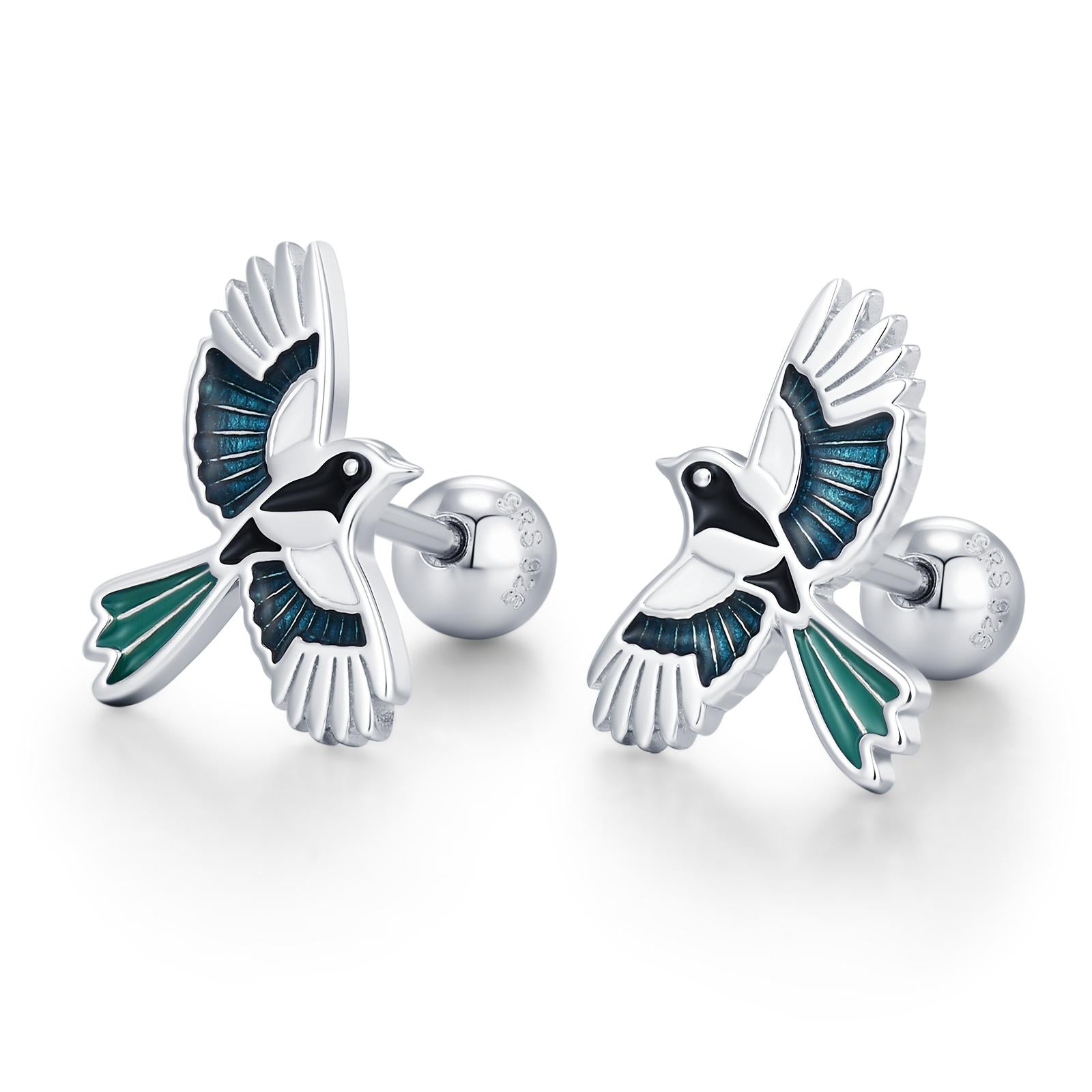 Sterling Silver Enamel Magpie 18G Screw Back Earrings