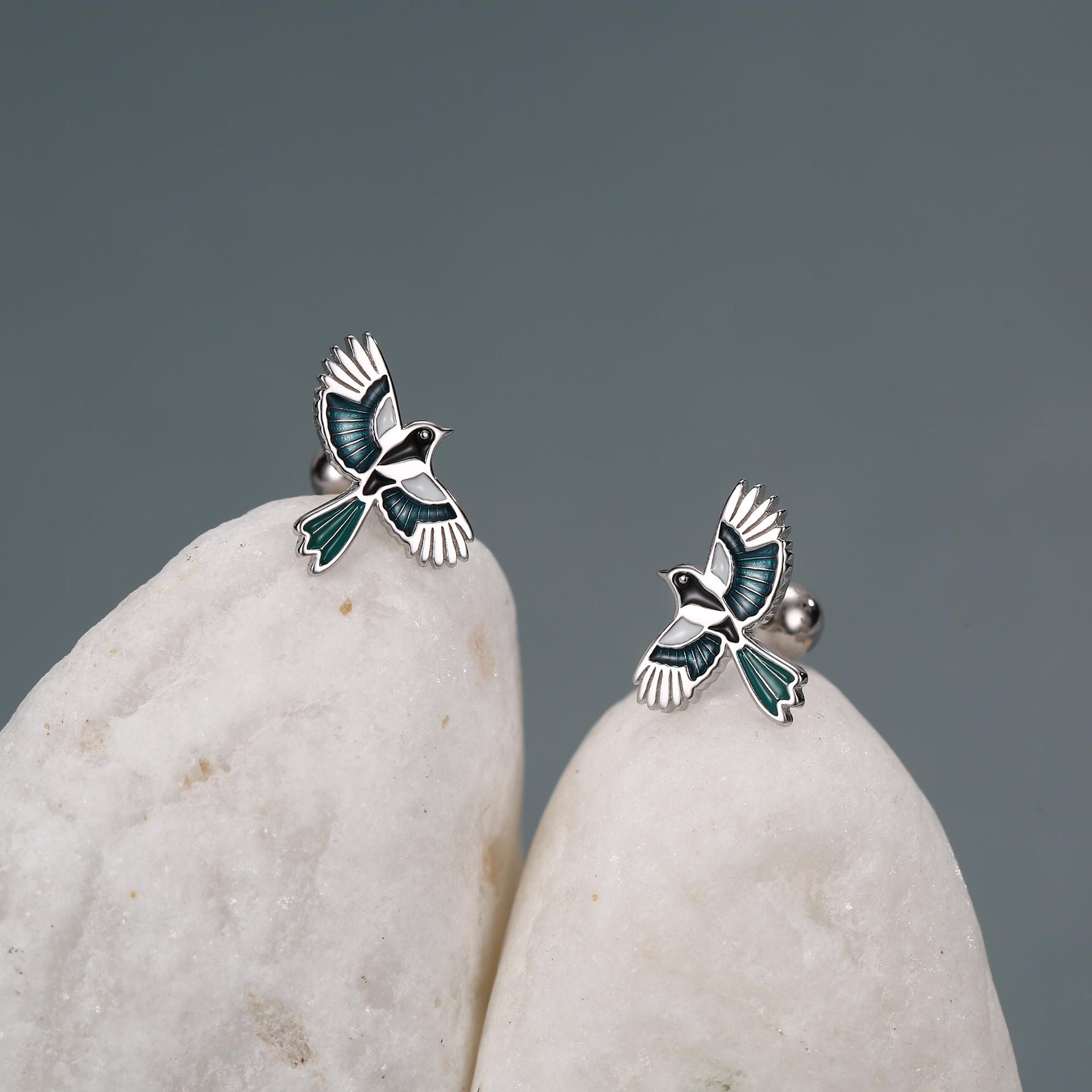 Sterling Silver Enamel Magpie 18G Screw Back Earrings