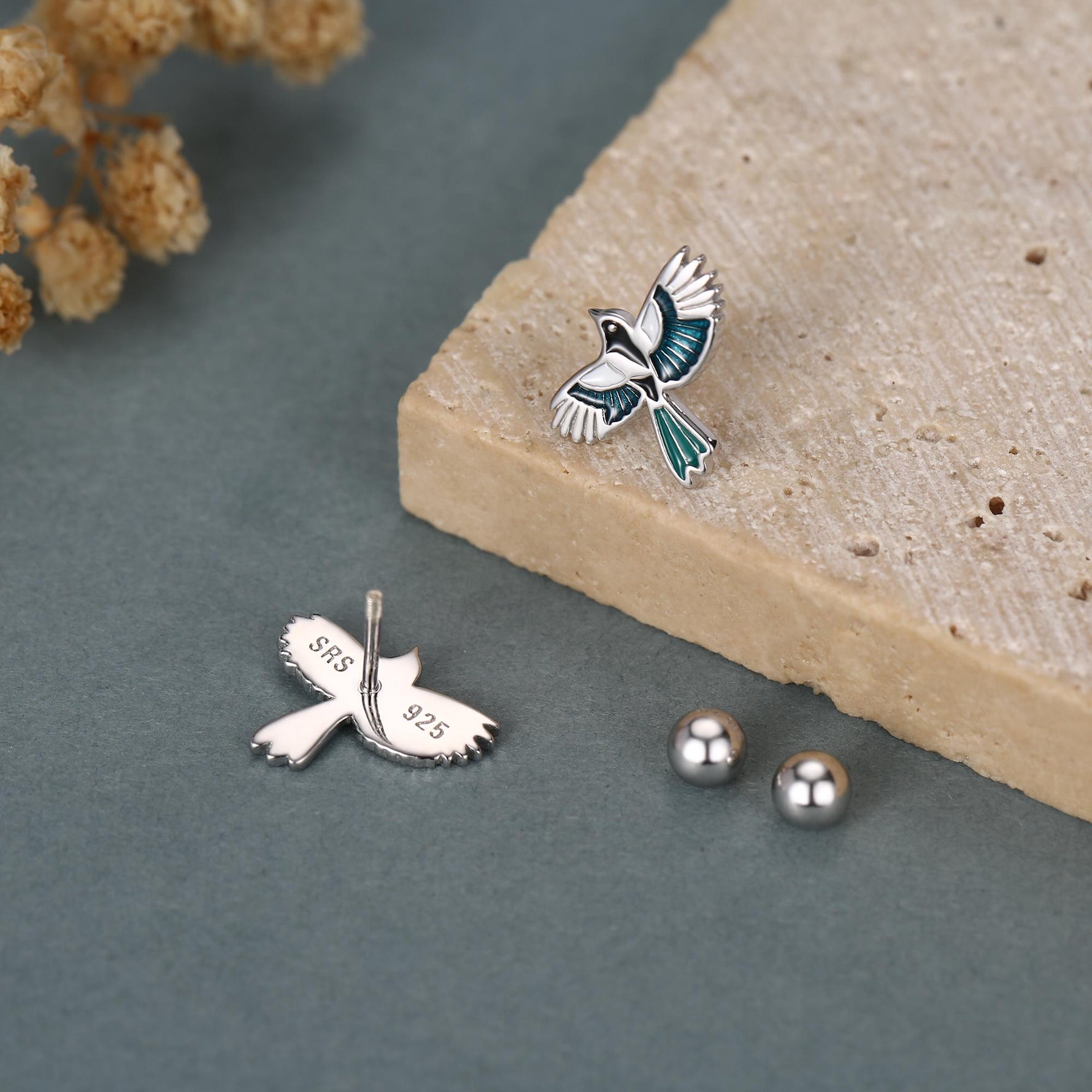 Sterling Silver Enamel Magpie 18G Screw Back Earrings