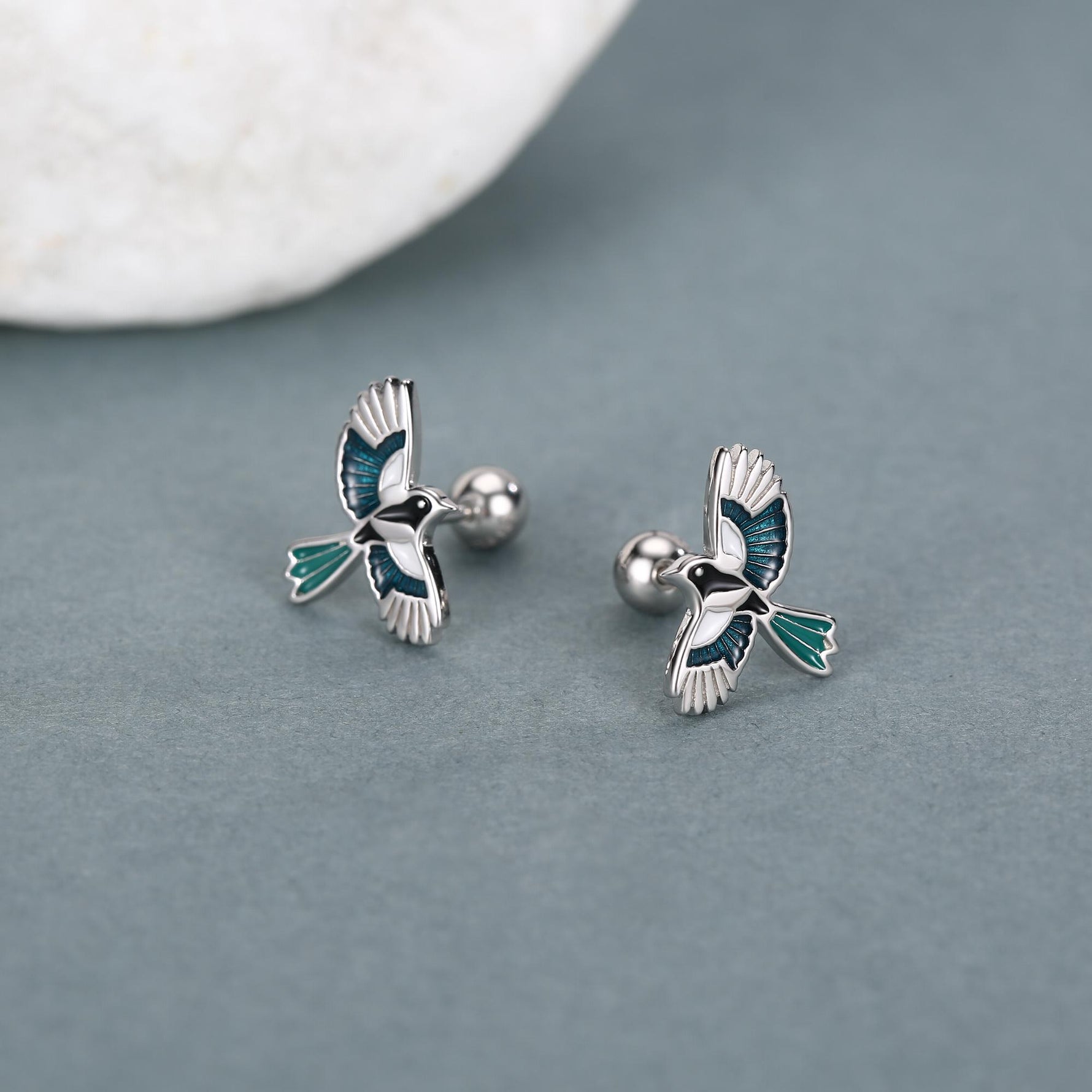 Sterling Silver Enamel Magpie 18G Screw Back Earrings