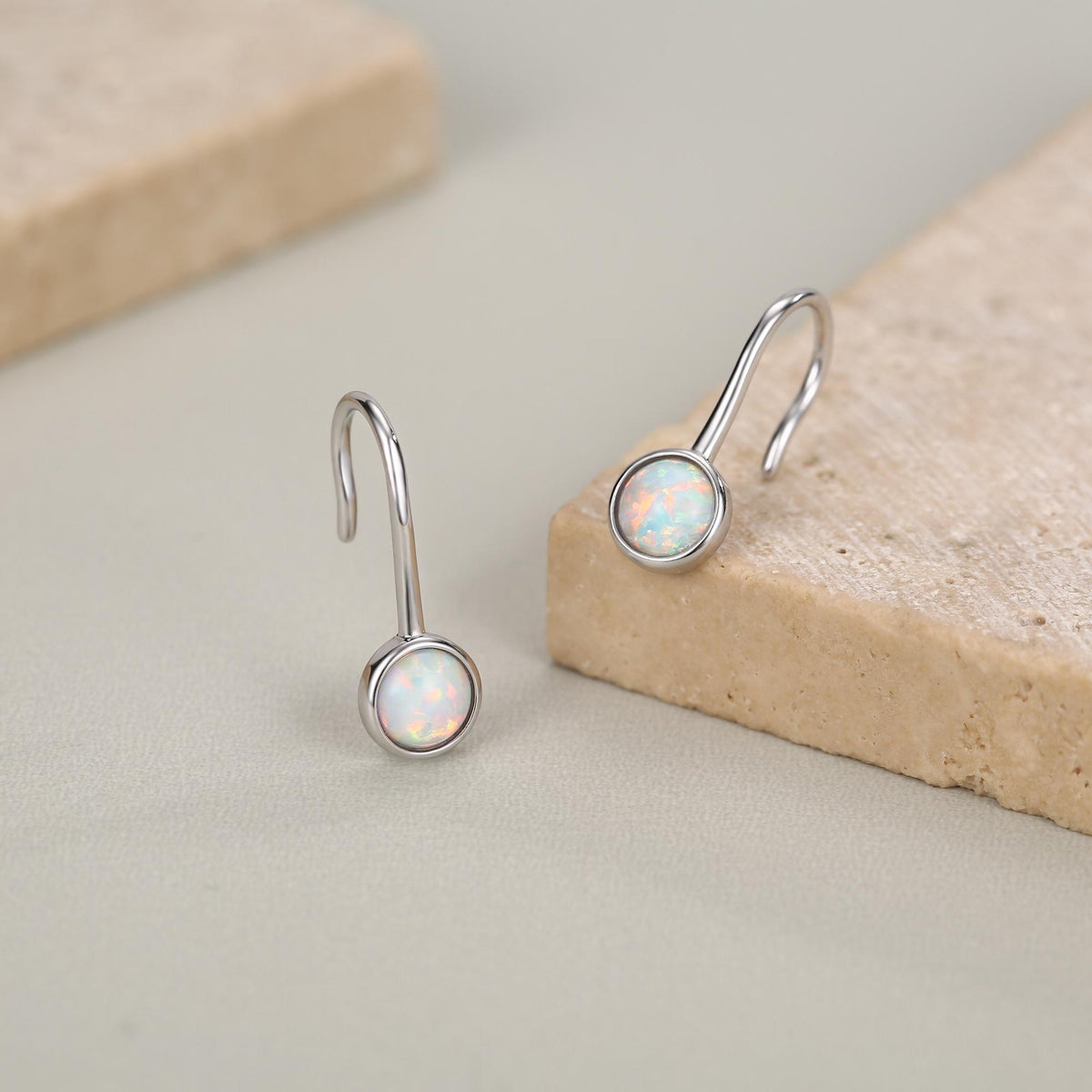 Sterling Silver White Opal Drop Earrings in Sterling Silver, Round Fire Opal Hook Earrings, Delicate Opal Earrings, Lab Opal