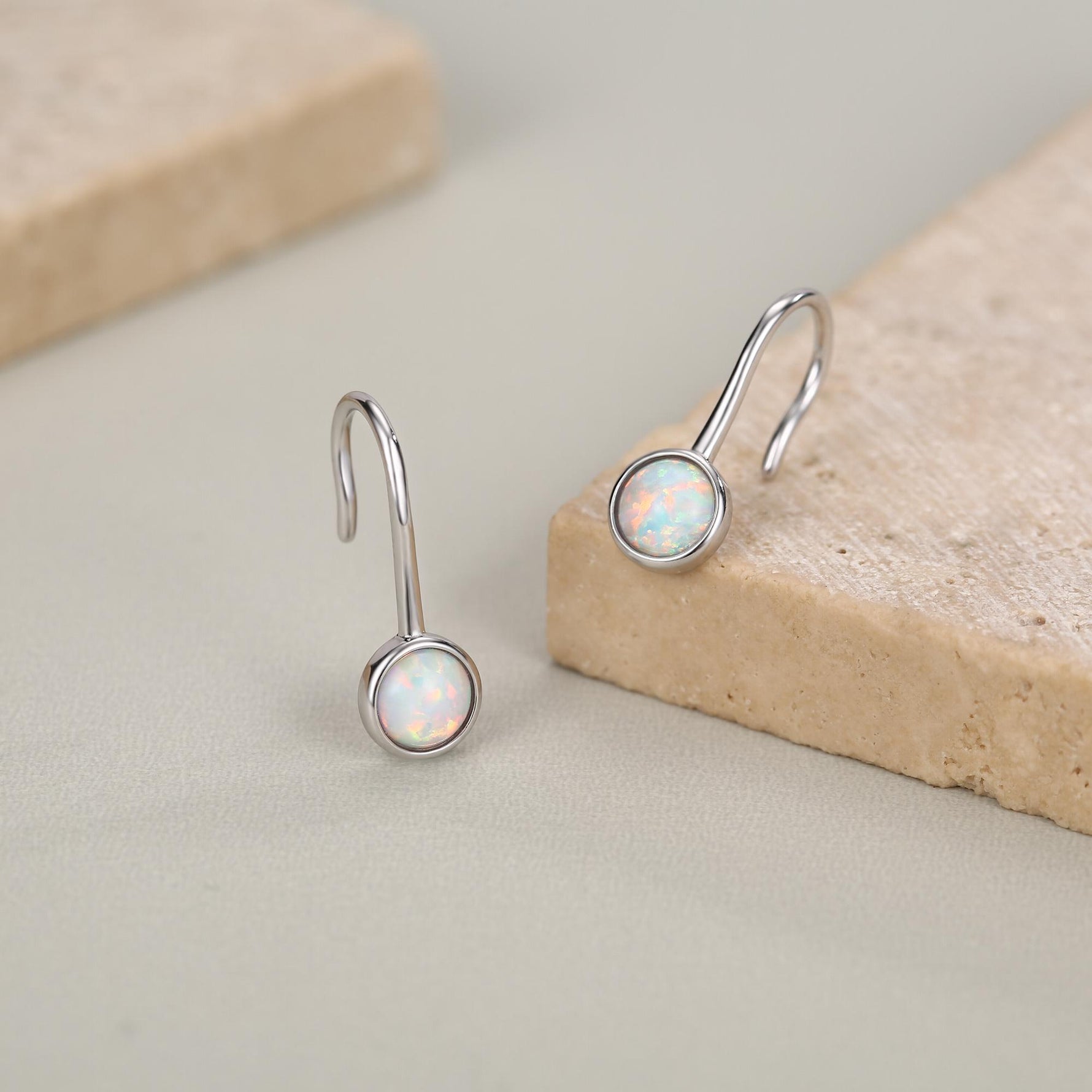 Sterling Silver White Opal Drop Earrings in Sterling Silver, Round Fire Opal Hook Earrings, Delicate Opal Earrings, Lab Opal