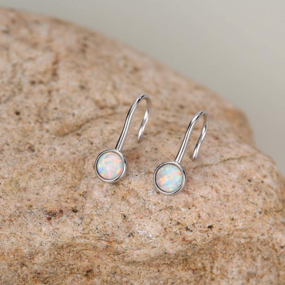 Sterling Silver White Opal Drop Earrings in Sterling Silver, Round Fire Opal Hook Earrings, Delicate Opal Earrings, Lab Opal