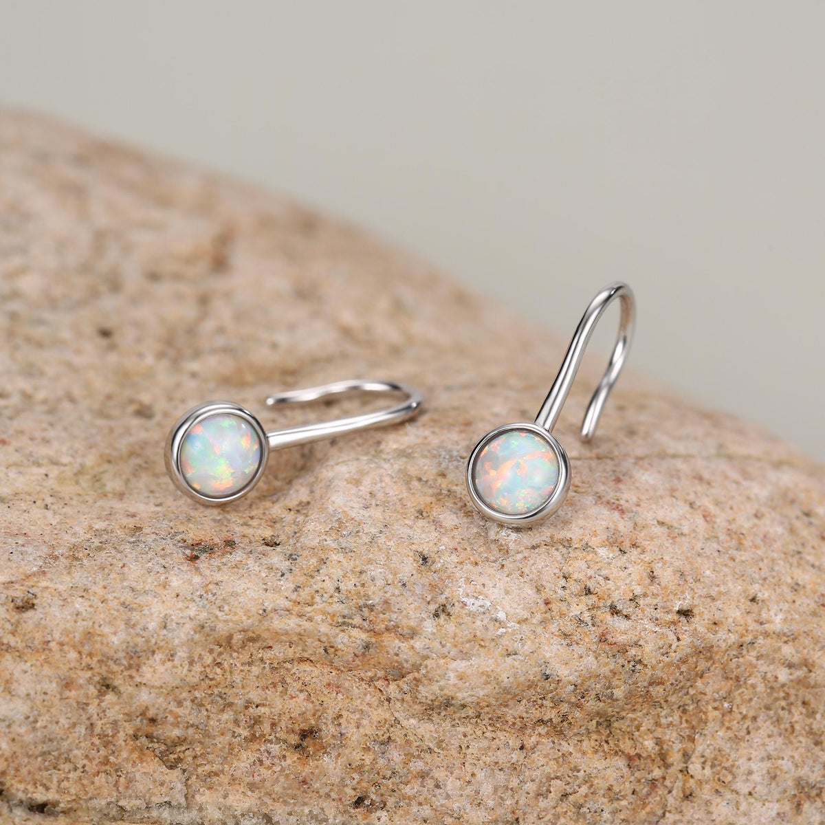 Sterling Silver White Opal Drop Earrings in Sterling Silver, Round Fire Opal Hook Earrings, Delicate Opal Earrings, Lab Opal