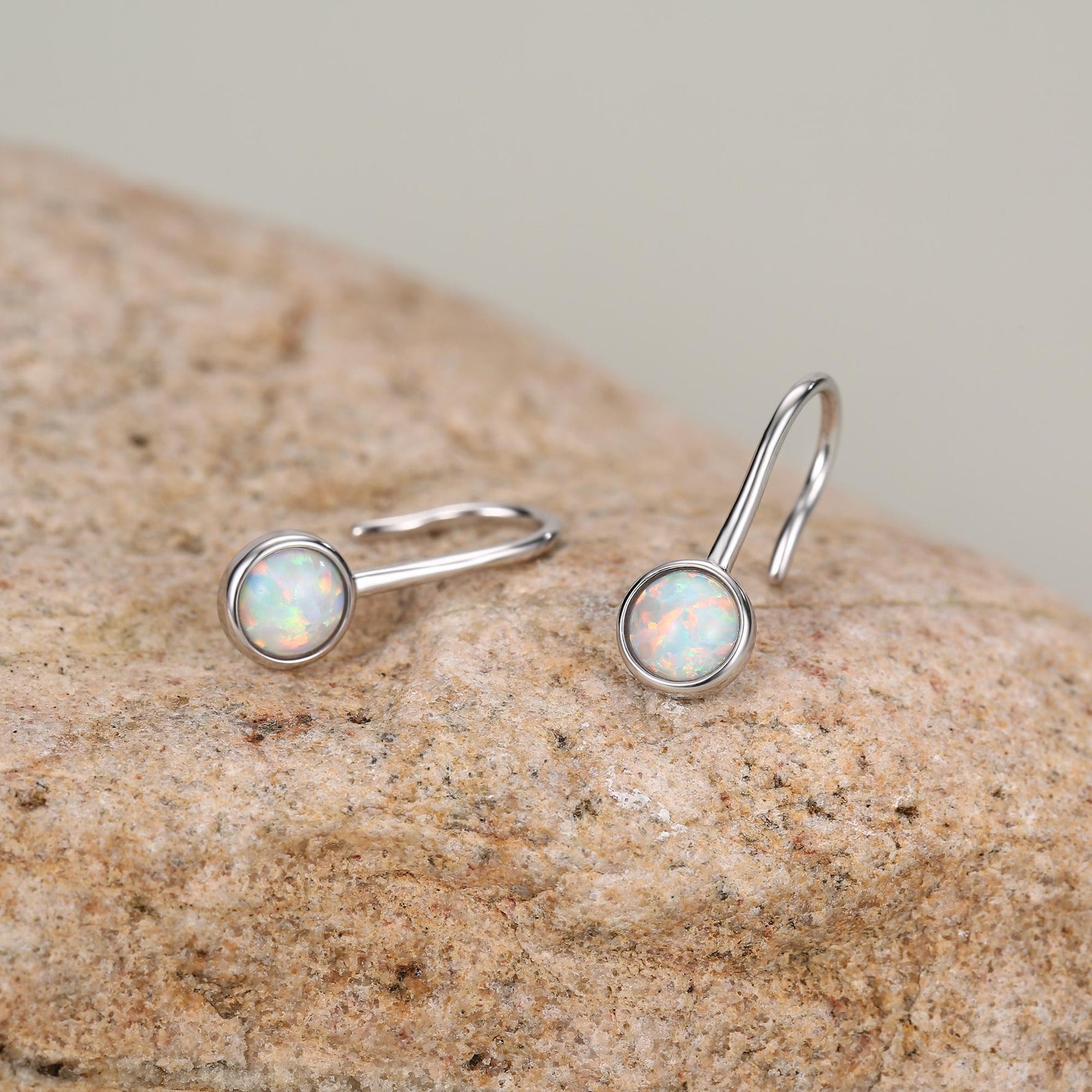 Sterling Silver White Opal Drop Earrings in Sterling Silver, Round Fire Opal Hook Earrings, Delicate Opal Earrings, Lab Opal