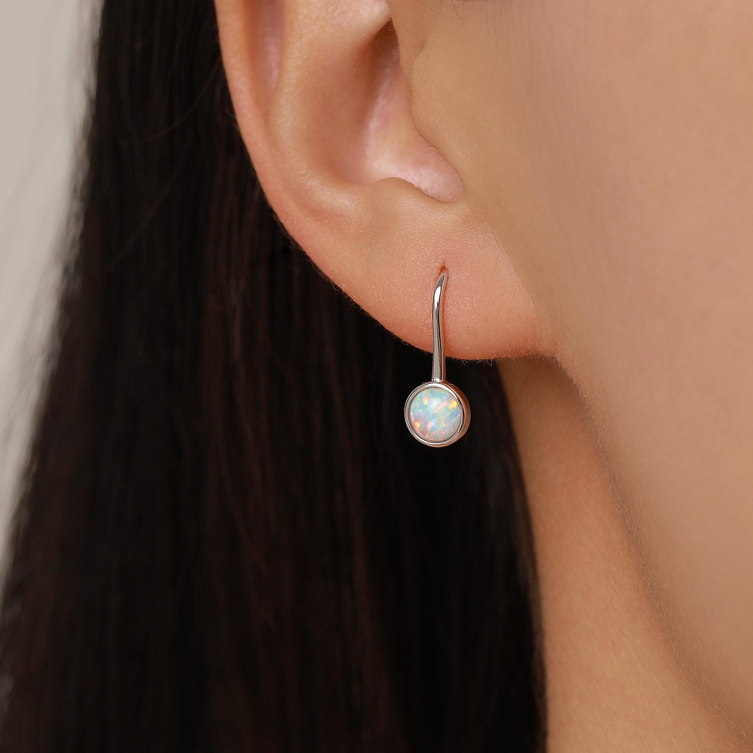 Sterling Silver White Opal Drop Earrings in Sterling Silver, Round Fire Opal Hook Earrings, Delicate Opal Earrings, Lab Opal
