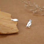 Mismatched Puffin Bird and Fish Stud Earrings in Sterling Silver, Asymmetric Bird and Fish Earrings