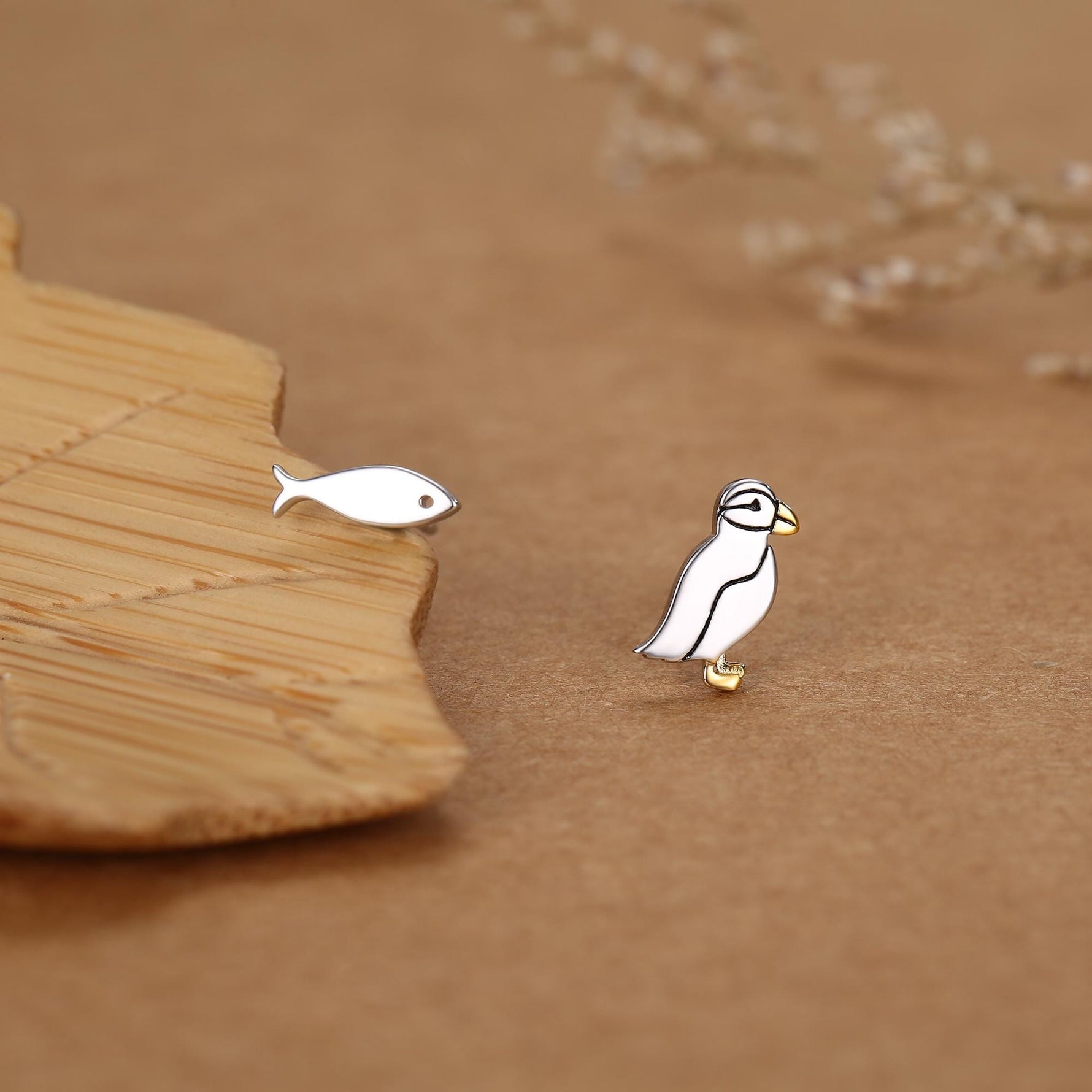 Mismatched Puffin Bird and Fish Stud Earrings in Sterling Silver, Asymmetric Bird and Fish Earrings