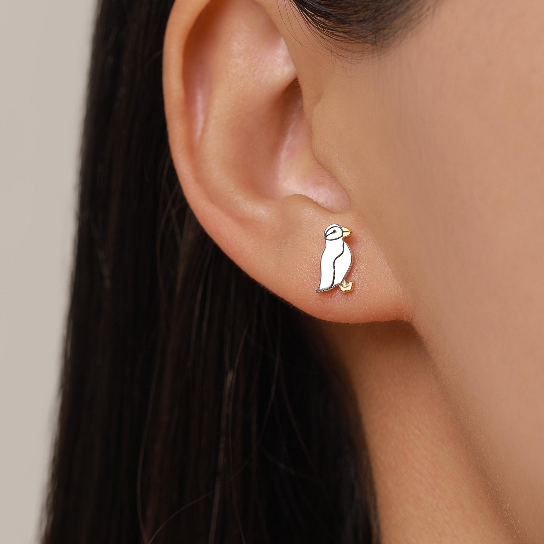 Mismatched Puffin Bird and Fish Stud Earrings in Sterling Silver, Asymmetric Bird and Fish Earrings