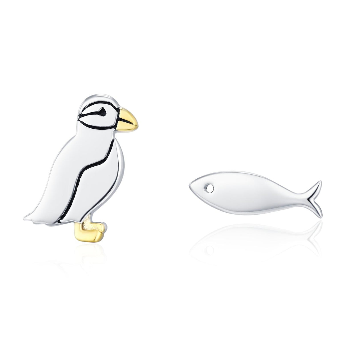 Mismatched Puffin Bird and Fish Stud Earrings in Sterling Silver, Asymmetric Bird and Fish Earrings