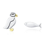 Mismatched Puffin Bird and Fish Stud Earrings in Sterling Silver, Asymmetric Bird and Fish Earrings