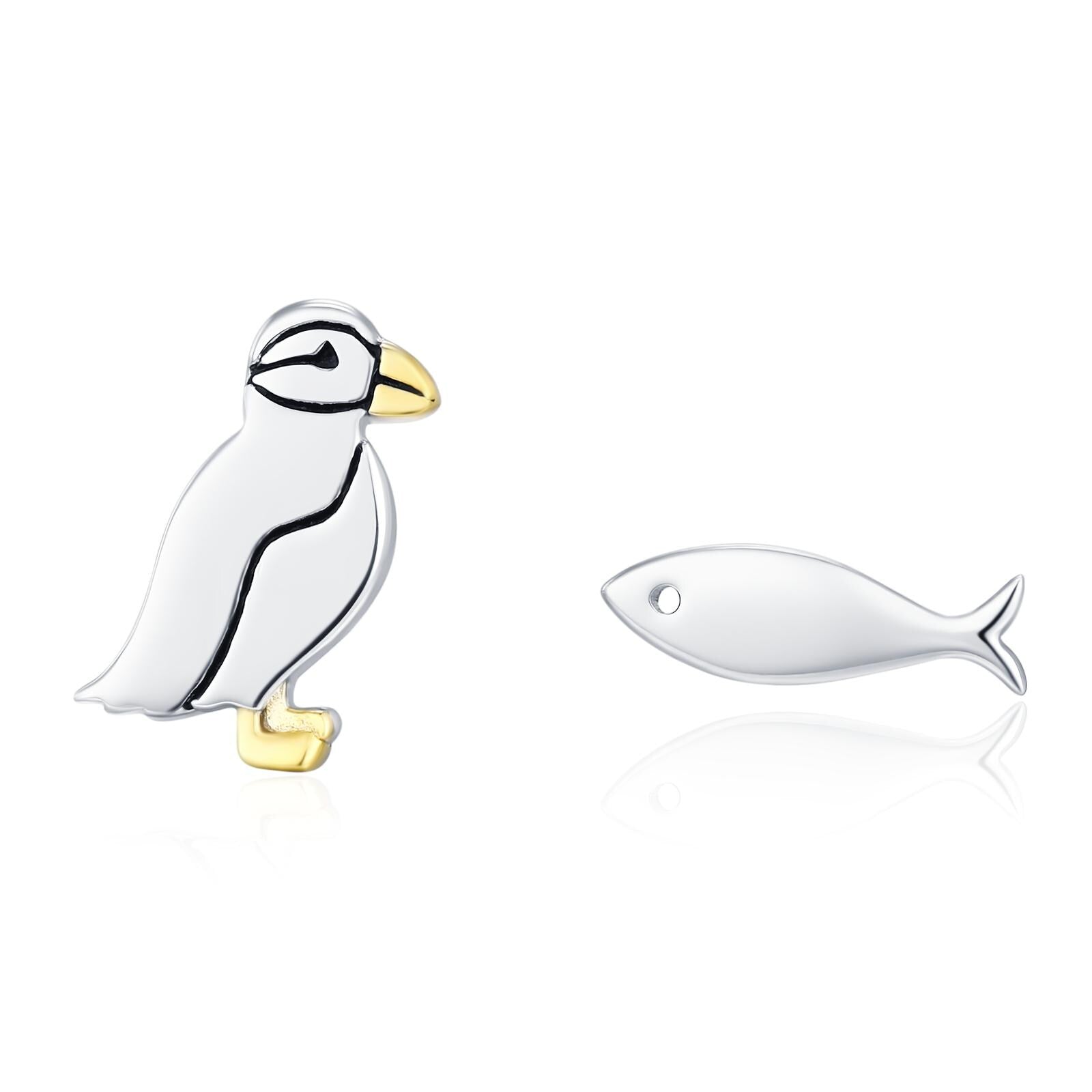 Mismatched Puffin Bird and Fish Stud Earrings in Sterling Silver, Asymmetric Bird and Fish Earrings