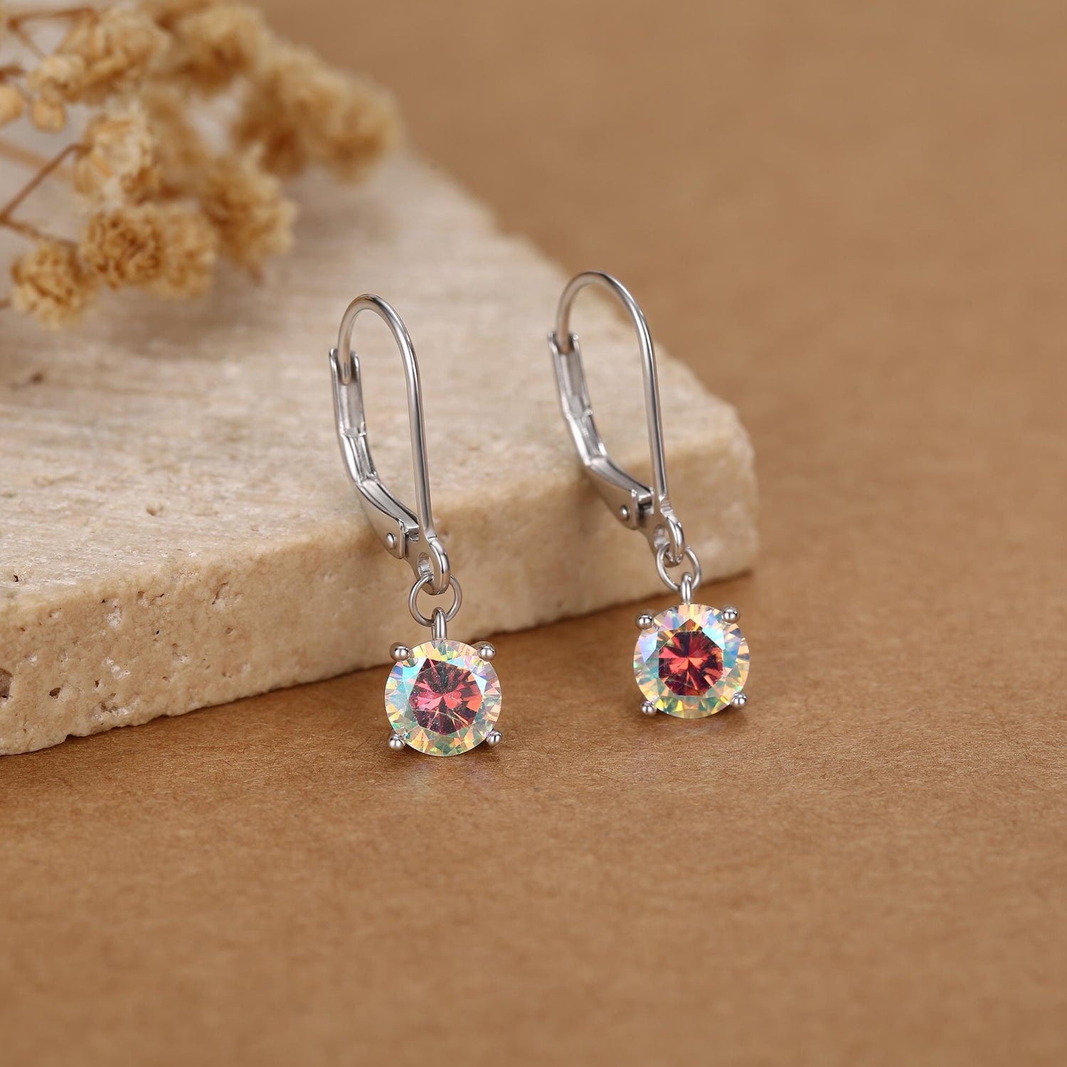 Aurora AB CZ Lever Back Hoop in Sterling Silver, 2 Sizes Available, 6mm or 6.5mm, Minimalist Simple AB Crystal Leverback Hoop Earrings