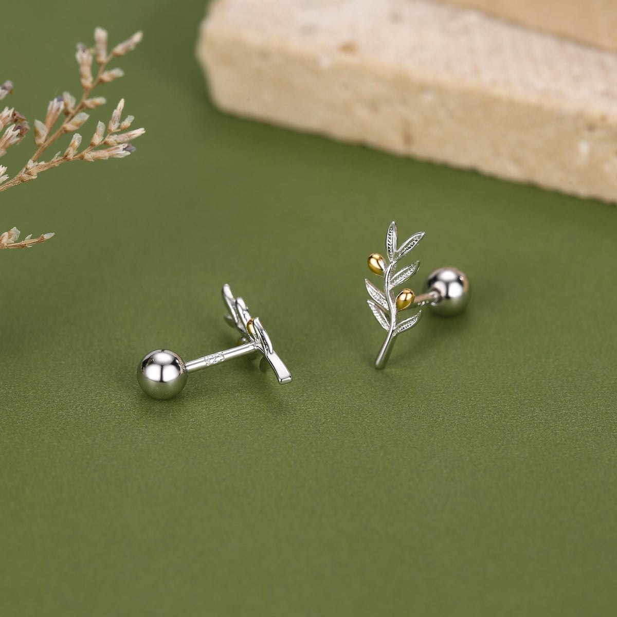 Sterling Silver Olive Branch 18G Screw Back Earrings