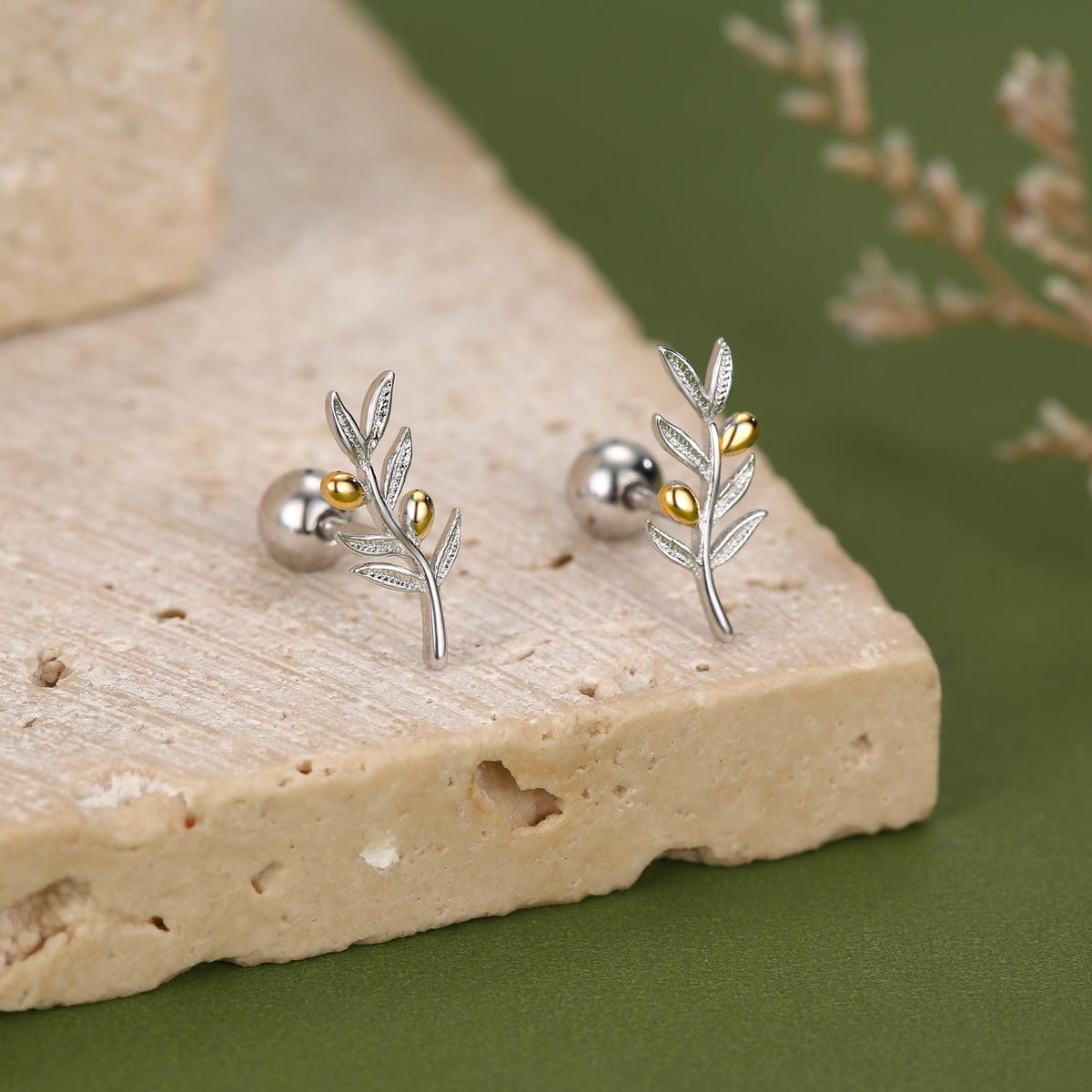 Sterling Silver Olive Branch 18G Screw Back Earrings