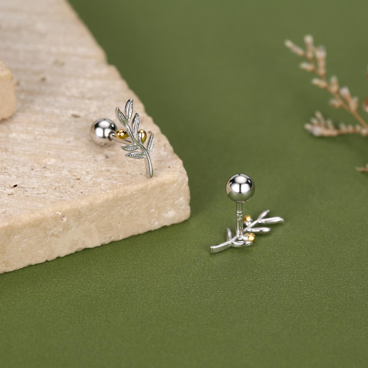 Sterling Silver Olive Branch 18G Screw Back Earrings