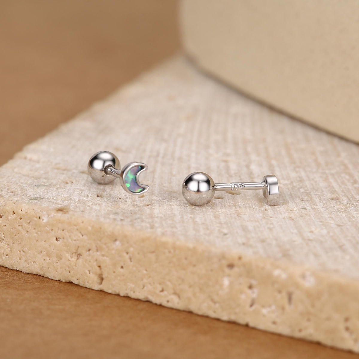 Sterling Silver Blue Lab Opal Moon 18G Screw Back Earrings