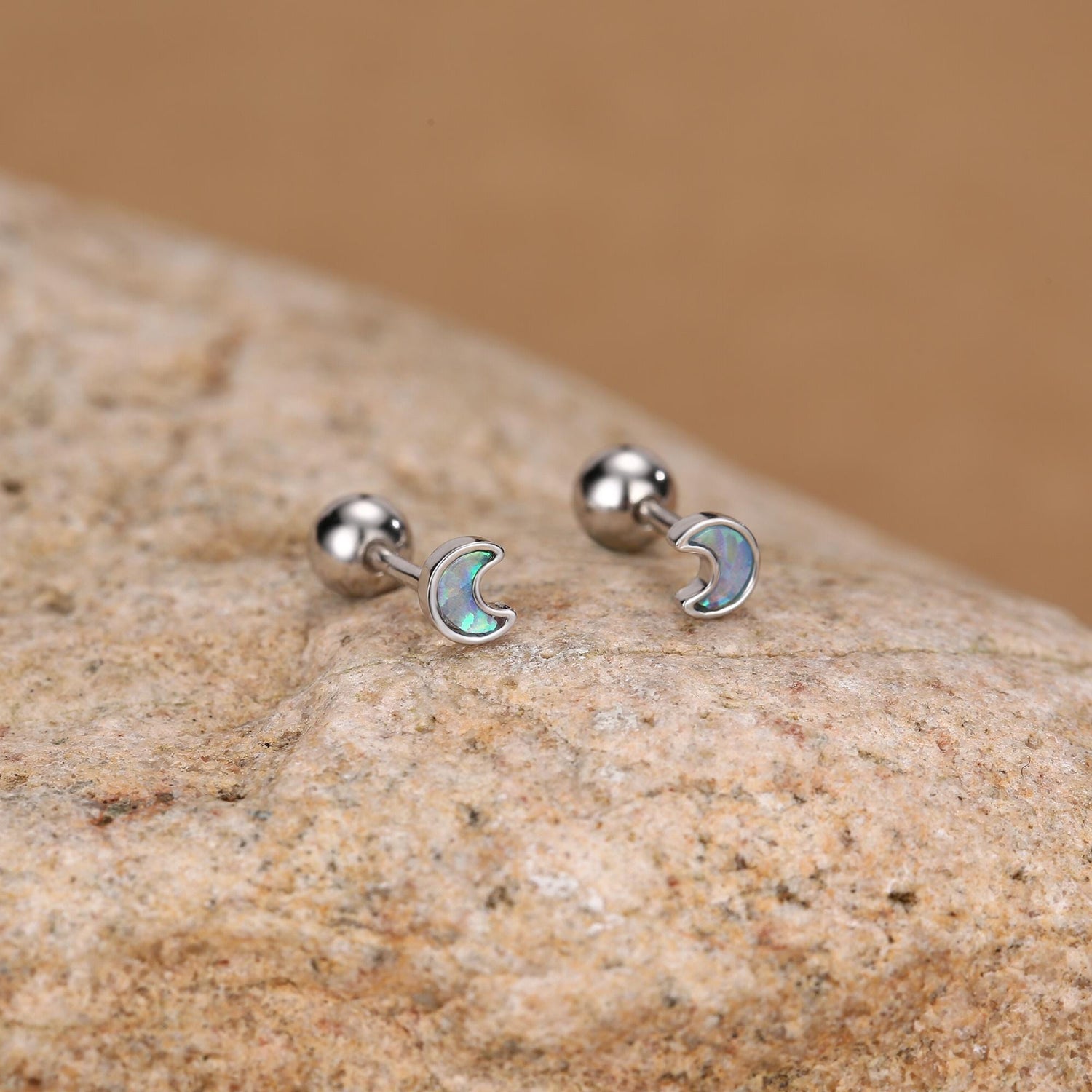 Sterling Silver Blue Lab Opal Moon 18G Screw Back Earrings
