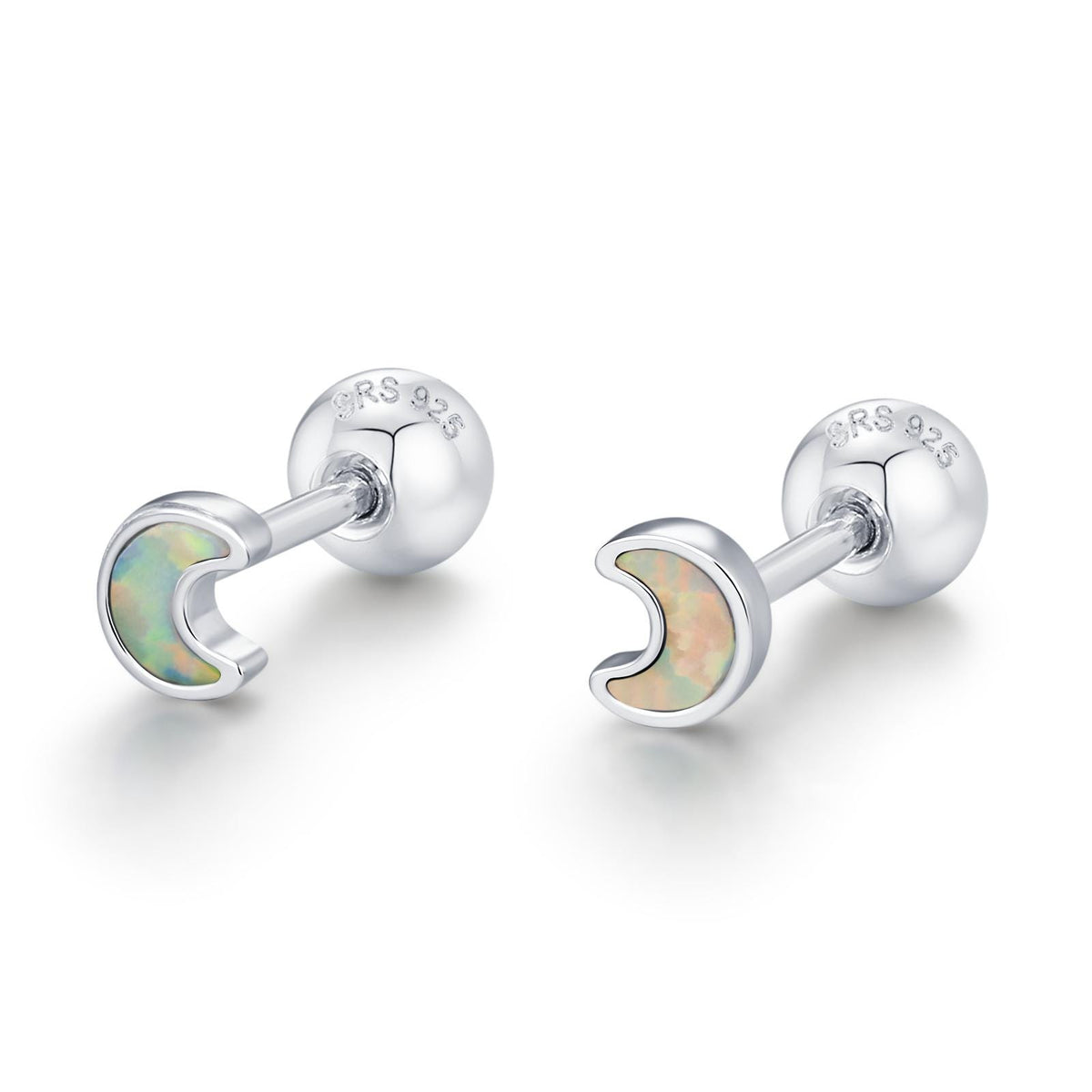 Sterling Silver White Lab Opal Moon 18G Screw Back Earrings