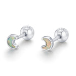 Sterling Silver White Lab Opal Moon 18G Screw Back Earrings