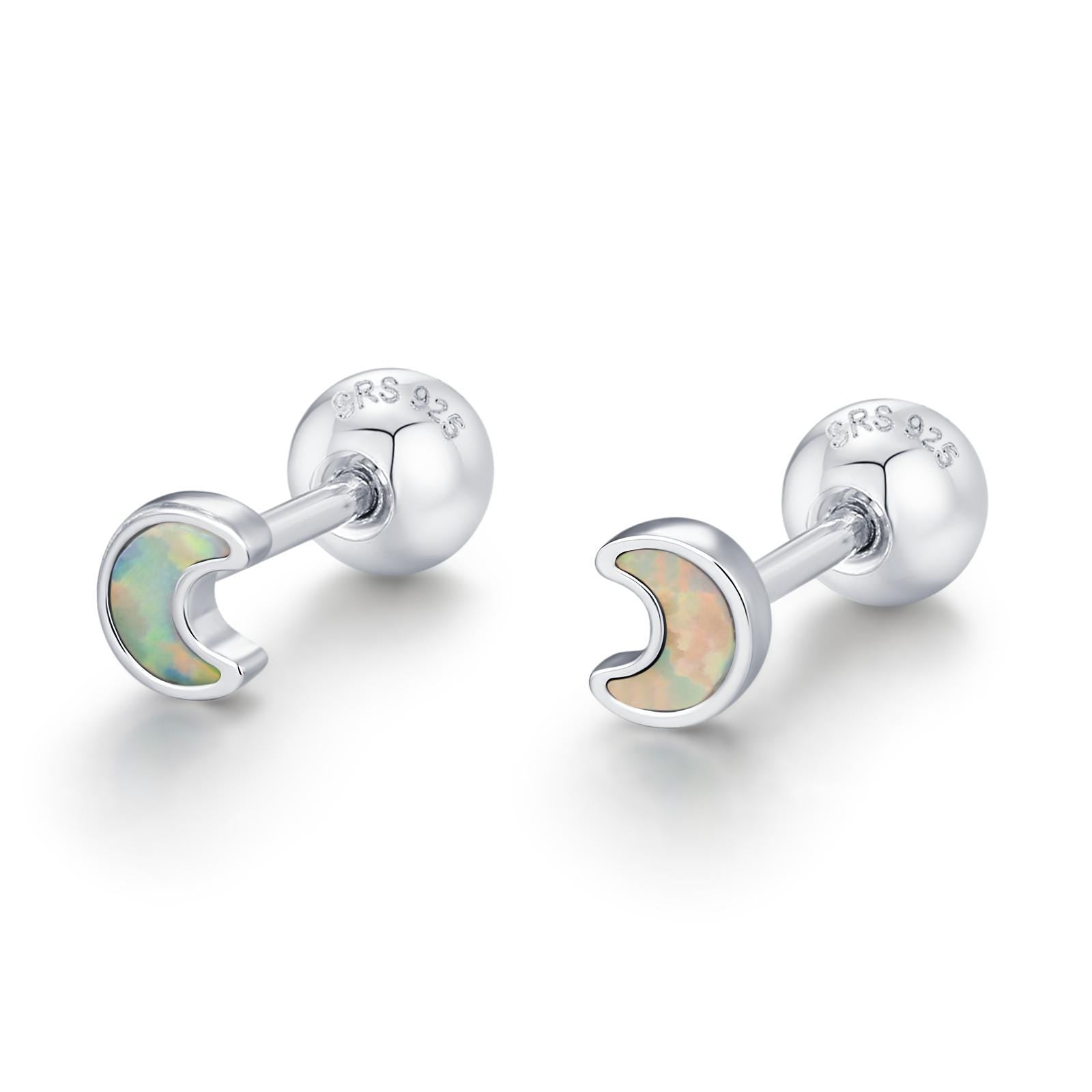 Sterling Silver White Lab Opal Moon 18G Screw Back Earrings