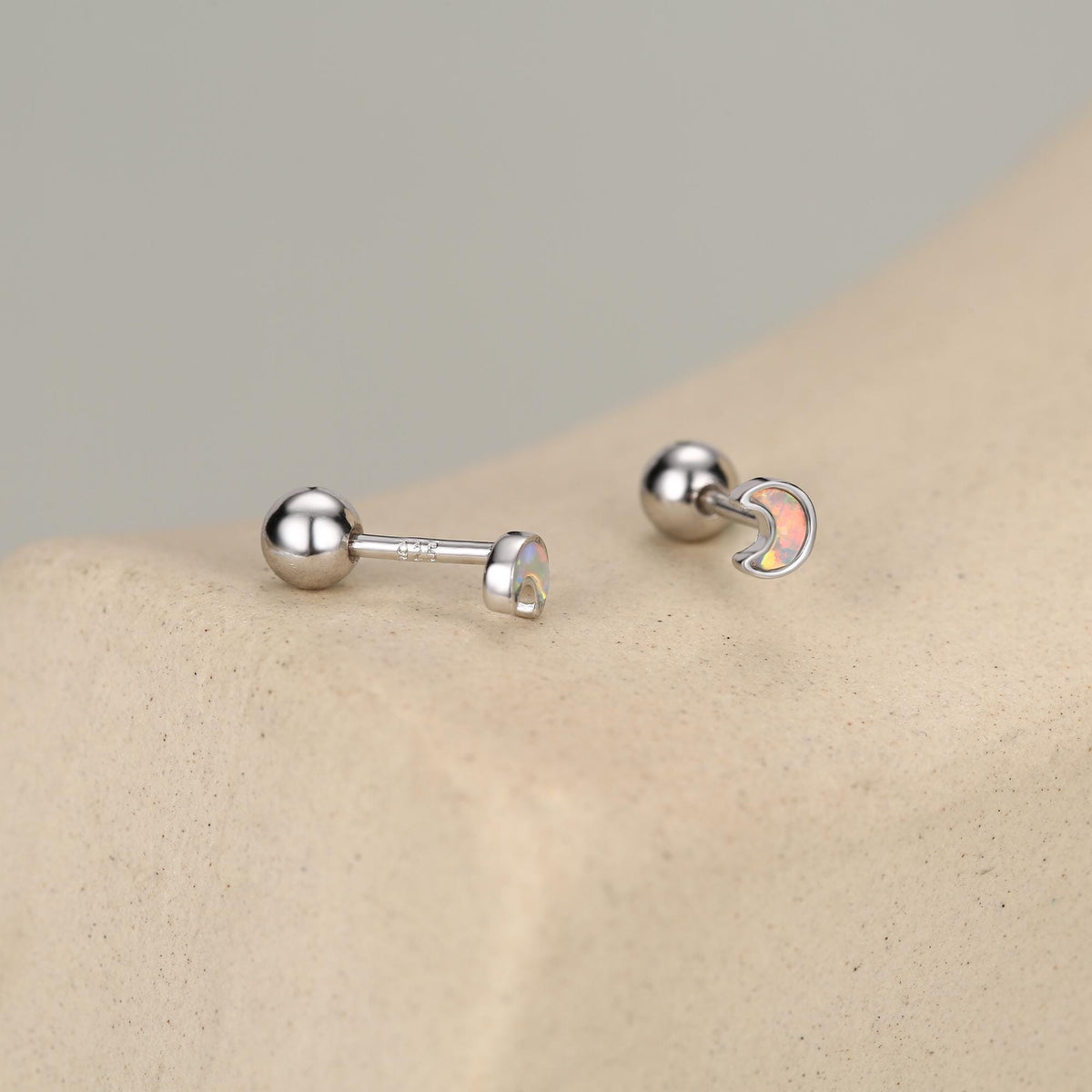 Sterling Silver White Lab Opal Moon 18G Screw Back Earrings