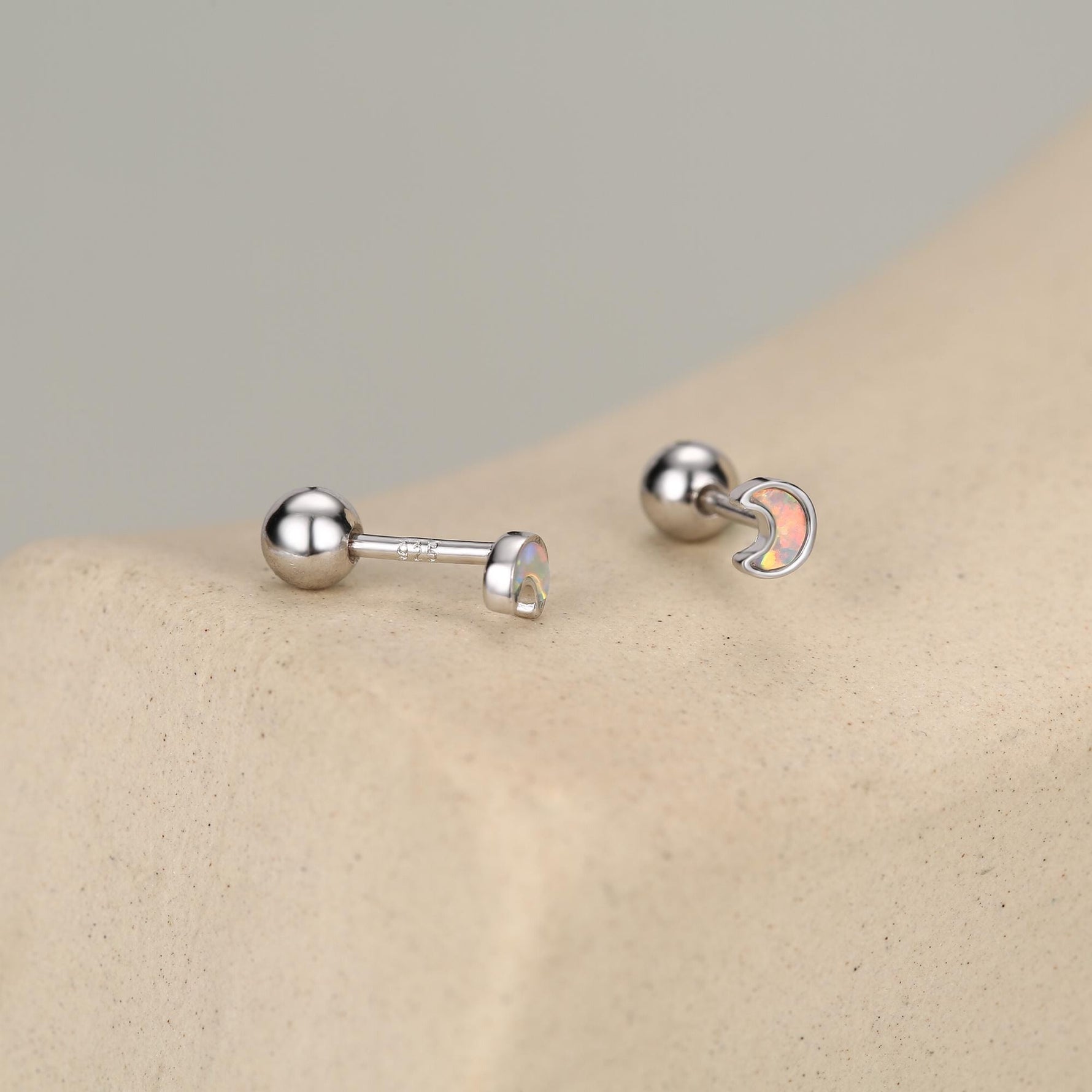 Sterling Silver White Lab Opal Moon 18G Screw Back Earrings