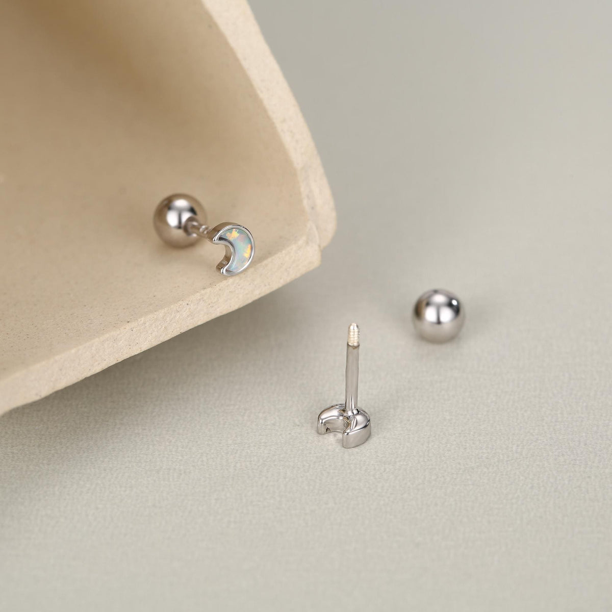 Sterling Silver White Lab Opal Moon 18G Screw Back Earrings