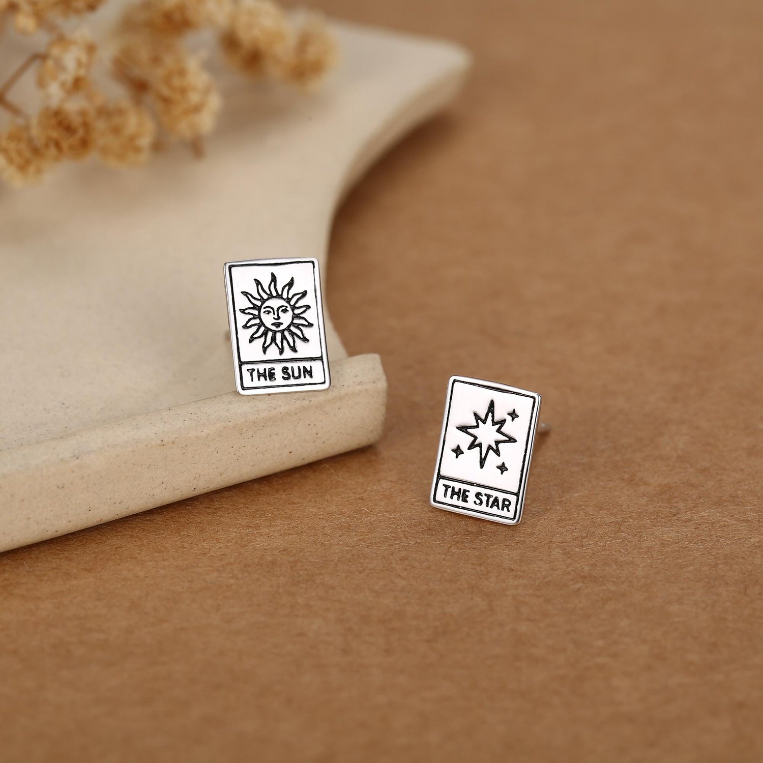 Sterling Silver Mismatched Tarot Card Sun and Star Stud Earrings
