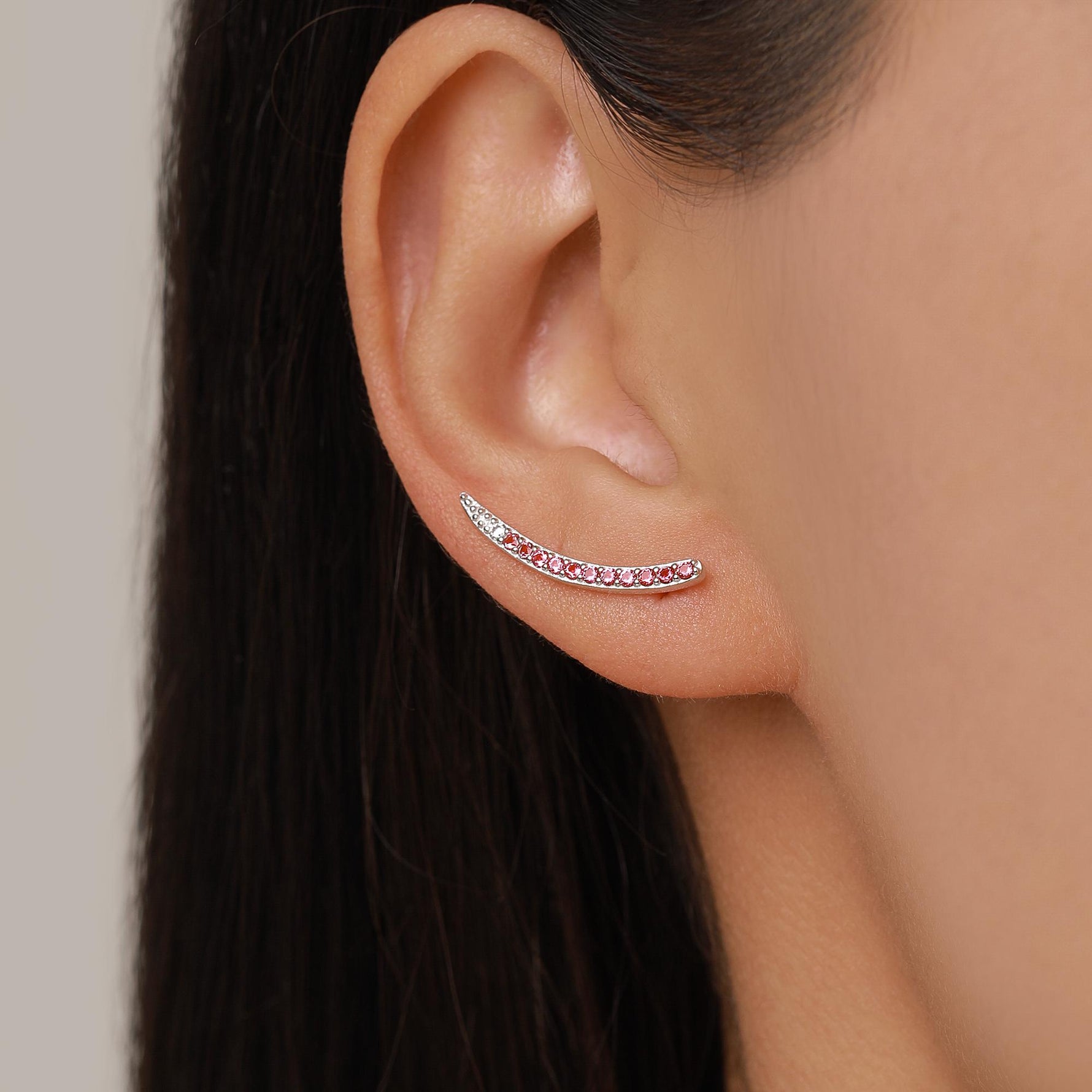 Ombre Ruby Pink CZ Crawler Earrings in Sterling Silver, Silver or Gold, Gradient Colour Ear Crawlers, July Birthstone Ear Climbers