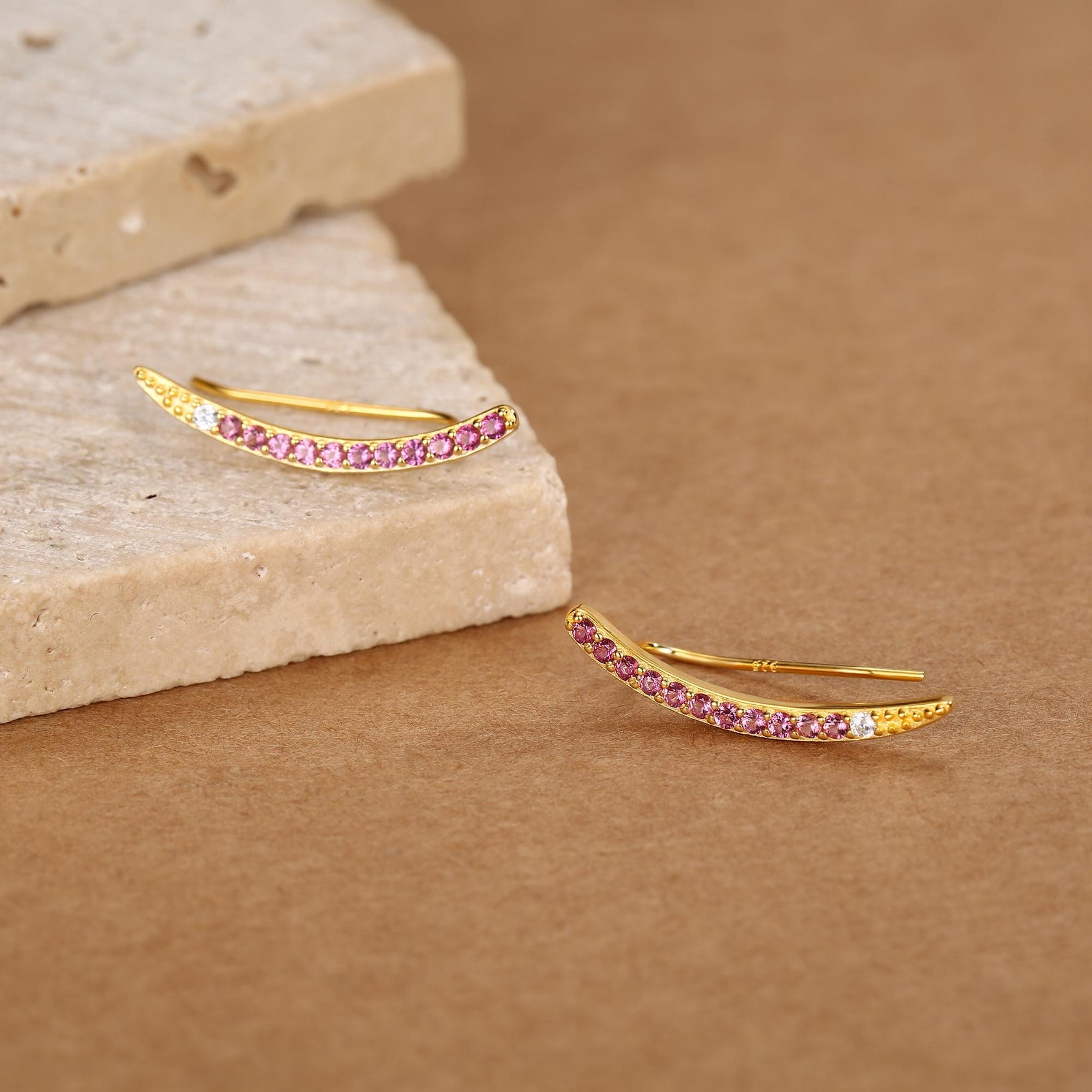 Ombre Ruby Pink CZ Crawler Earrings in Sterling Silver, Silver or Gold, Gradient Colour Ear Crawlers, July Birthstone Ear Climbers